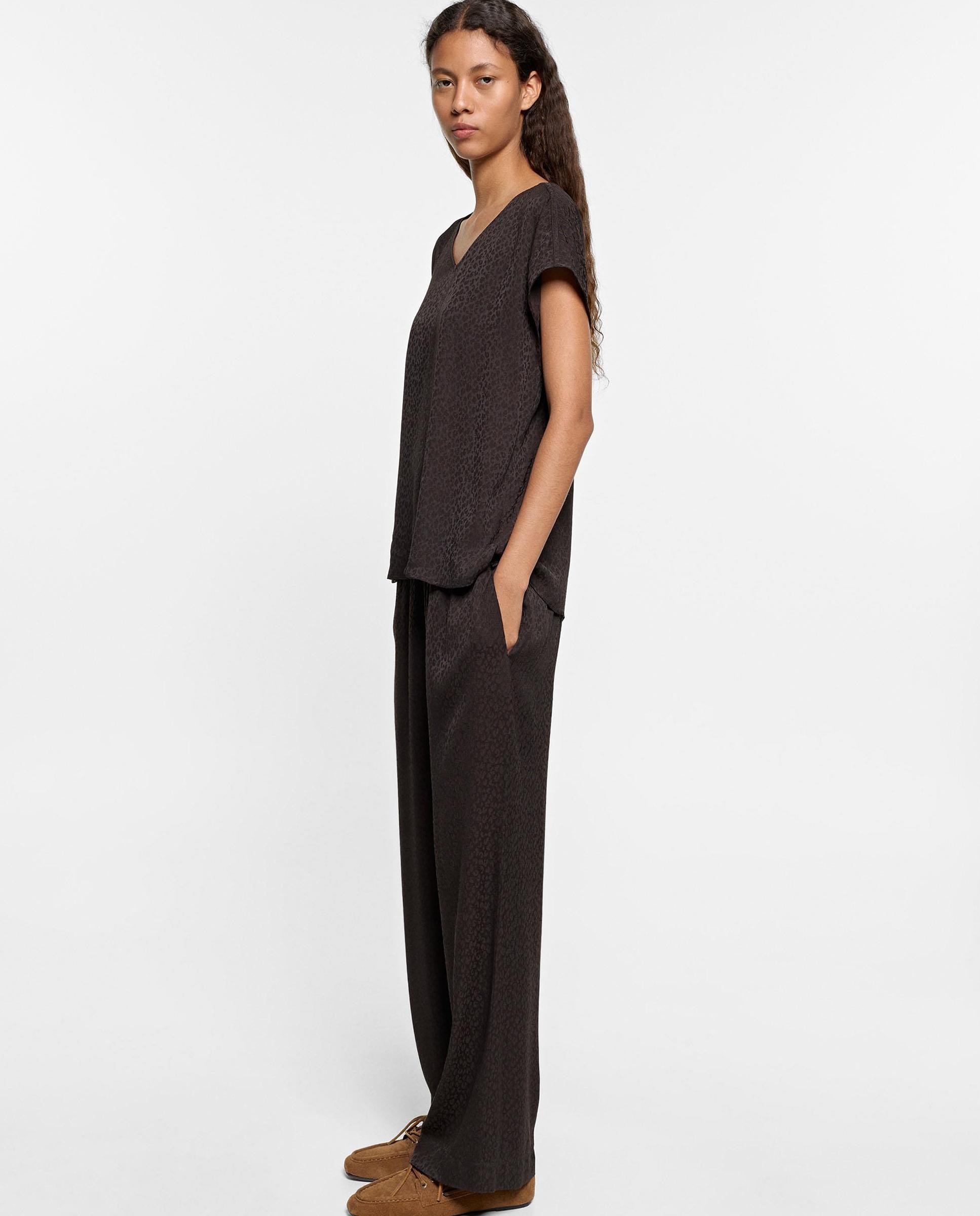 Pantalones anchos de mujer 100% viscosa con cintura elástica en liso - Parfois - Marrón oscuro Marrón oscuro-3