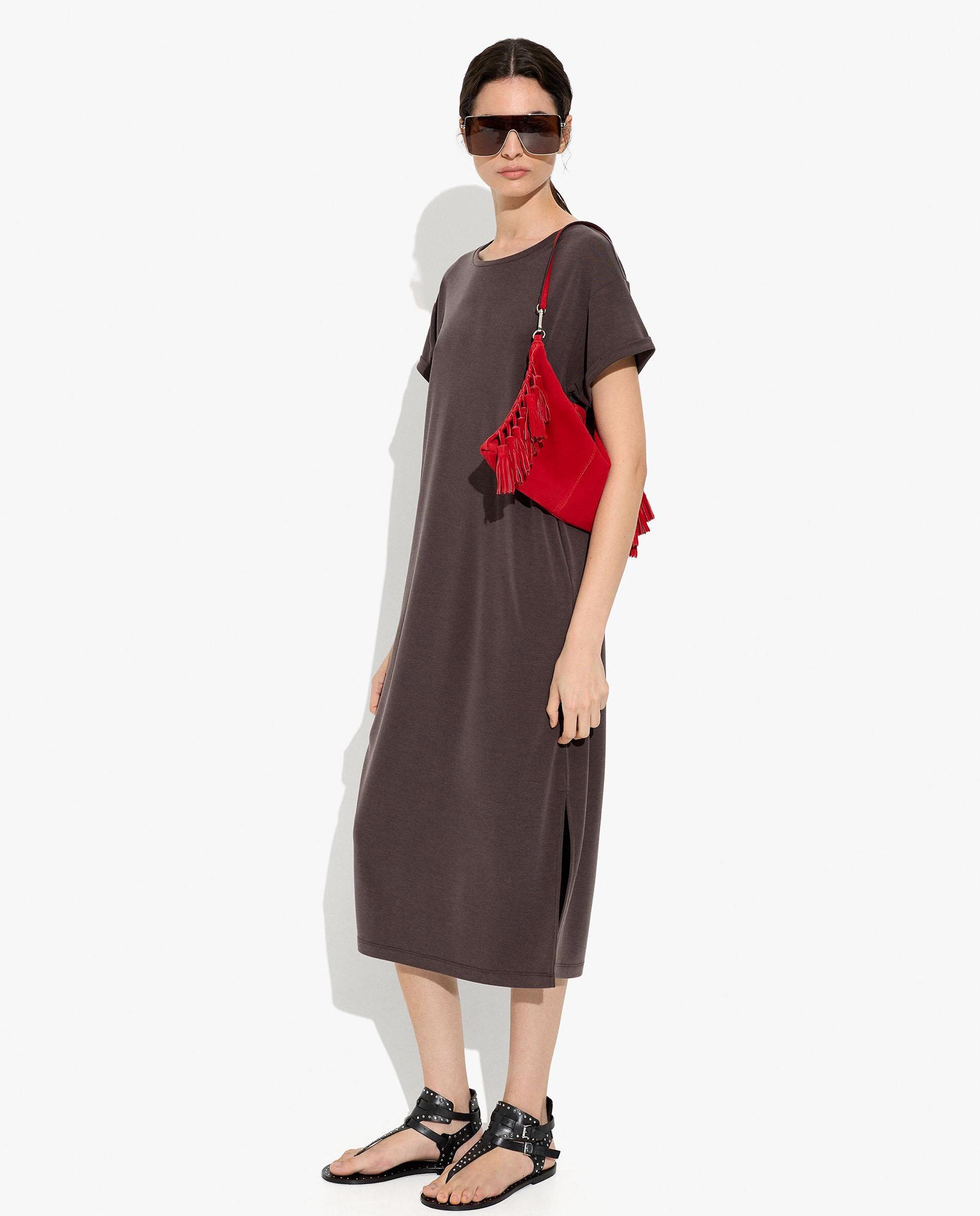 Vestido midi de manga corta en liso - Parfois - Marrón oscuro Marrón oscuro-1