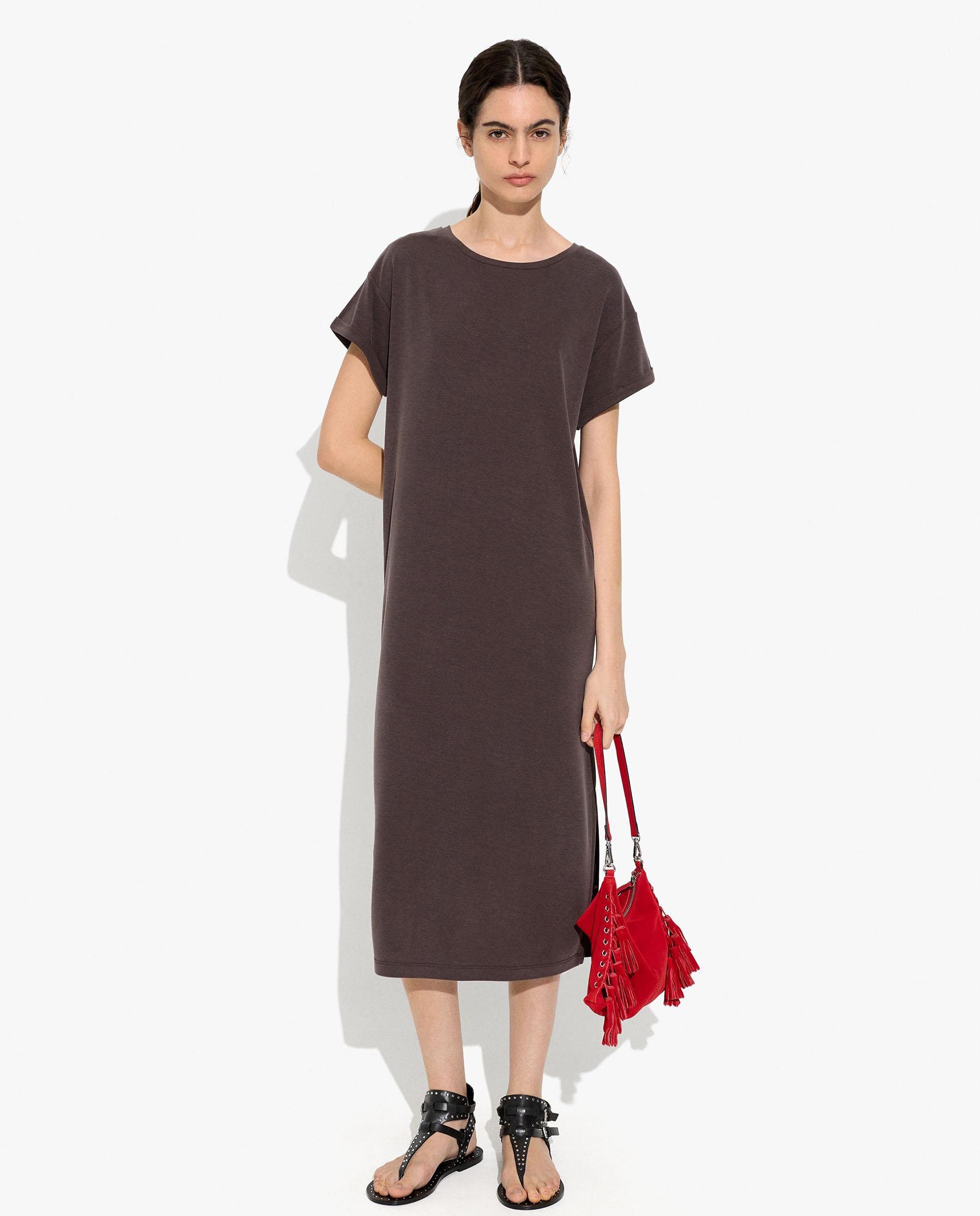 Vestido midi de manga corta en liso - Parfois - Marrón oscuro Marrón oscuro-2