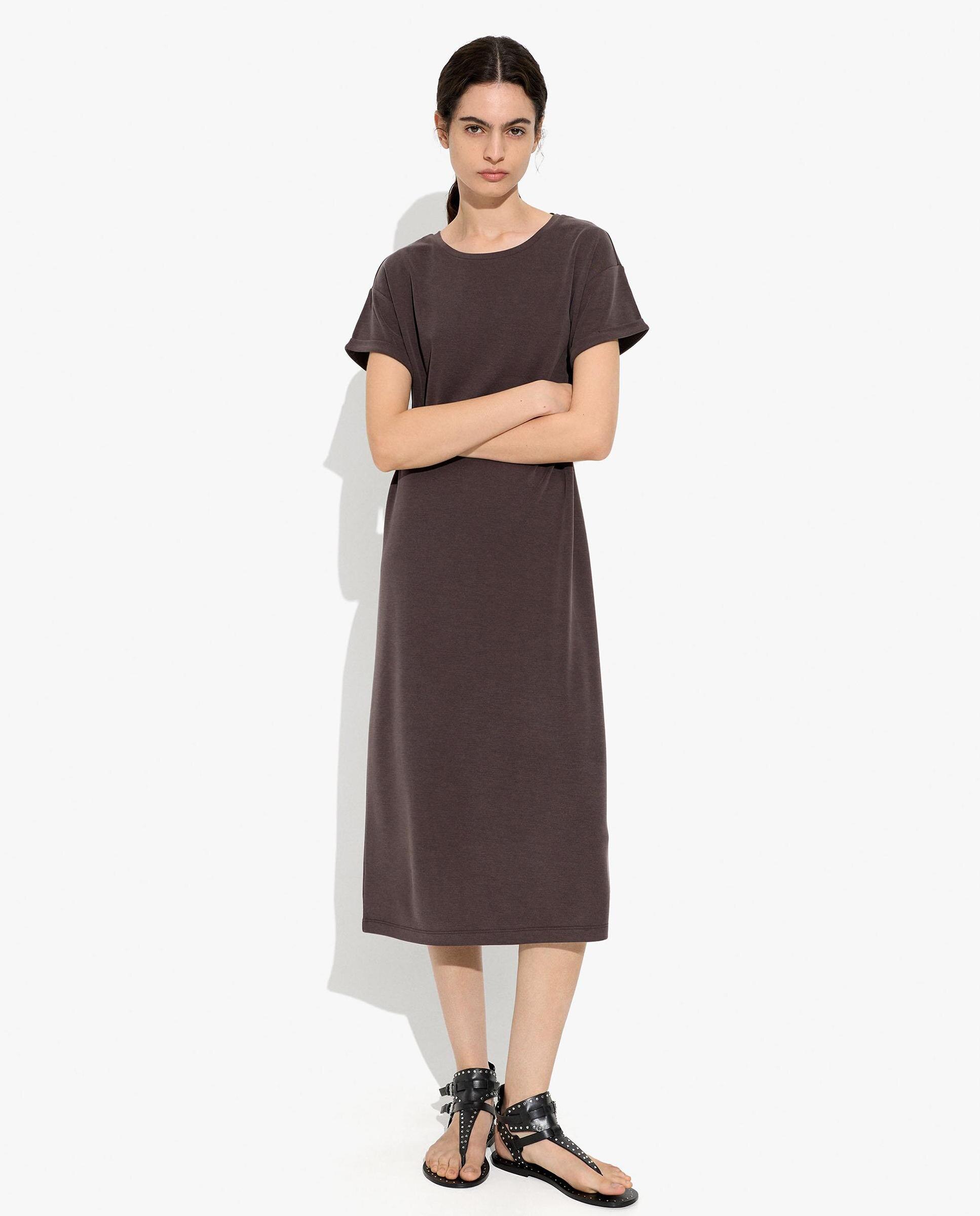Vestido midi de manga corta en liso - Parfois - Marrón oscuro Marrón oscuro-4