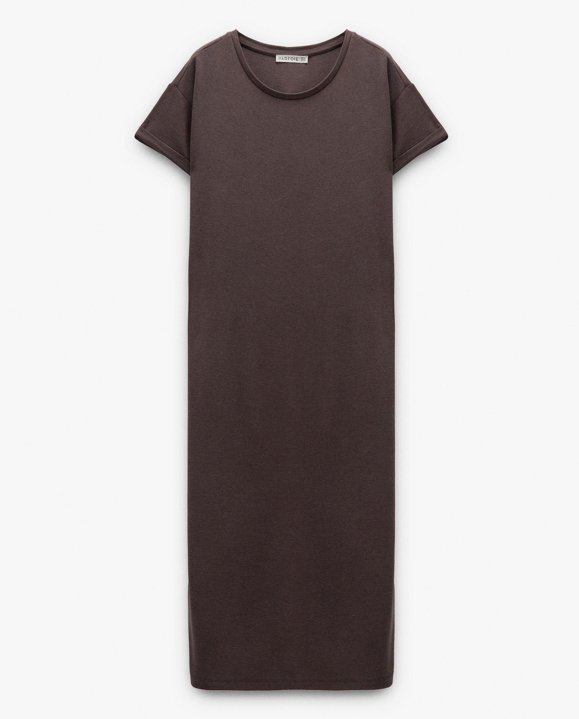 Vestido midi de manga corta en liso - Parfois - Marrón oscuro Marrón oscuro-6