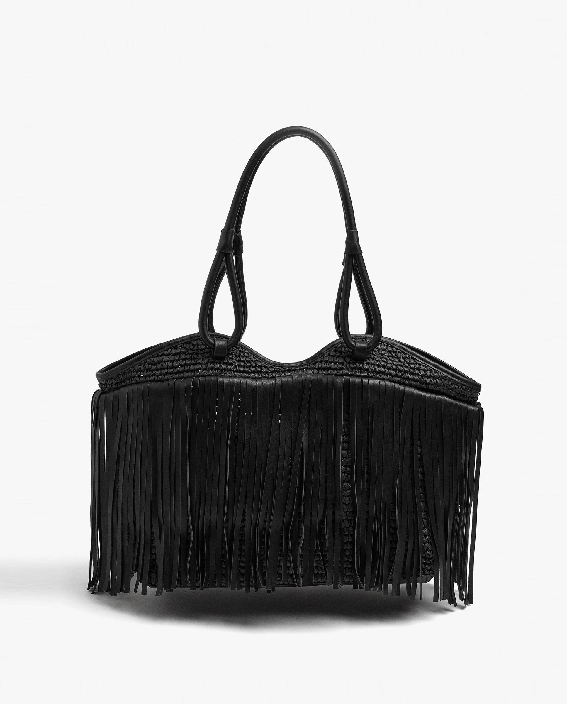 Shopper grande con flecos decorativos en liso - Parfois - Negro Negro-1