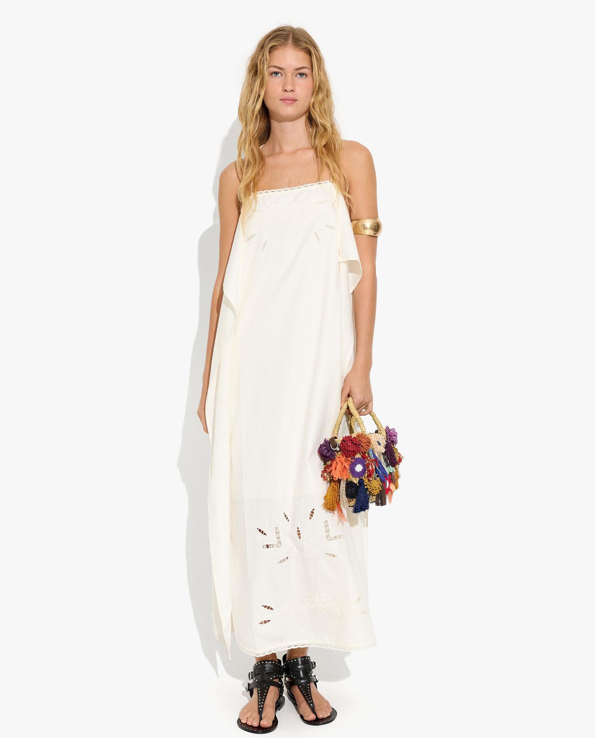 Vestido largo 100% algodón de palabra de honor con bordados - Parfois - Crudo Crudo-1