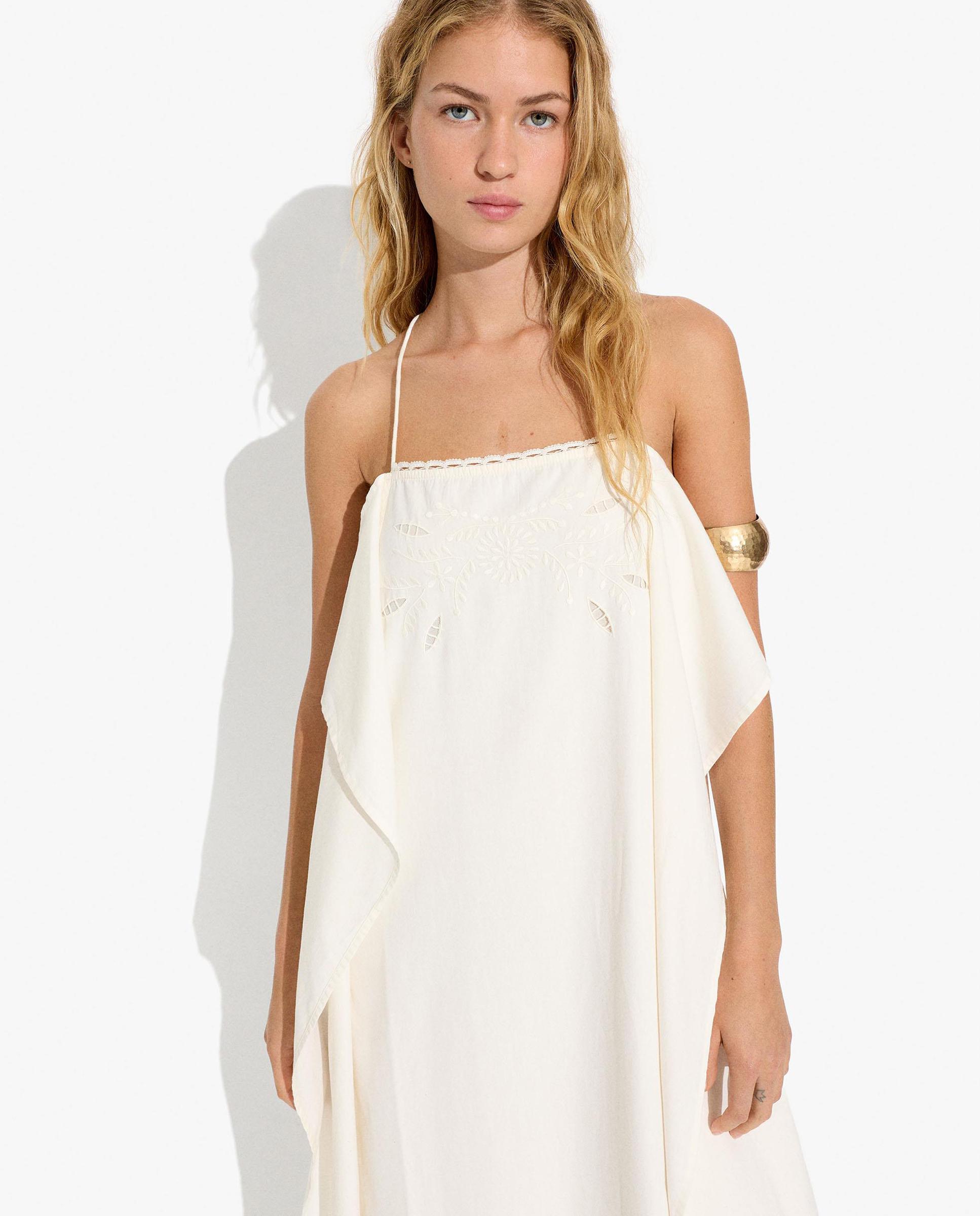 Vestido largo 100% algodón de palabra de honor con bordados - Parfois - Crudo Crudo-2