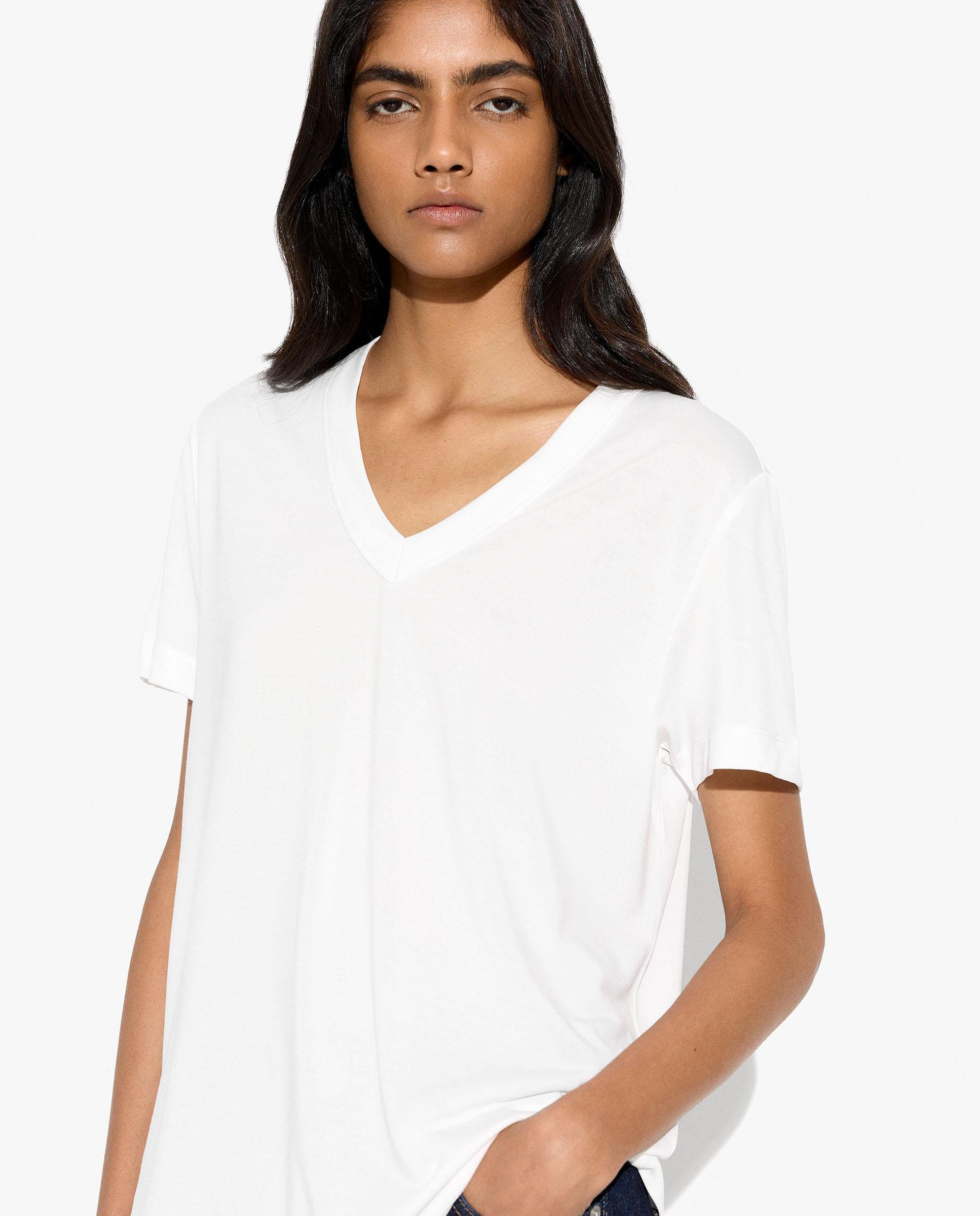 Camiseta de mujer de manga corta con cuello pico - Parfois - Blanco Blanco-1