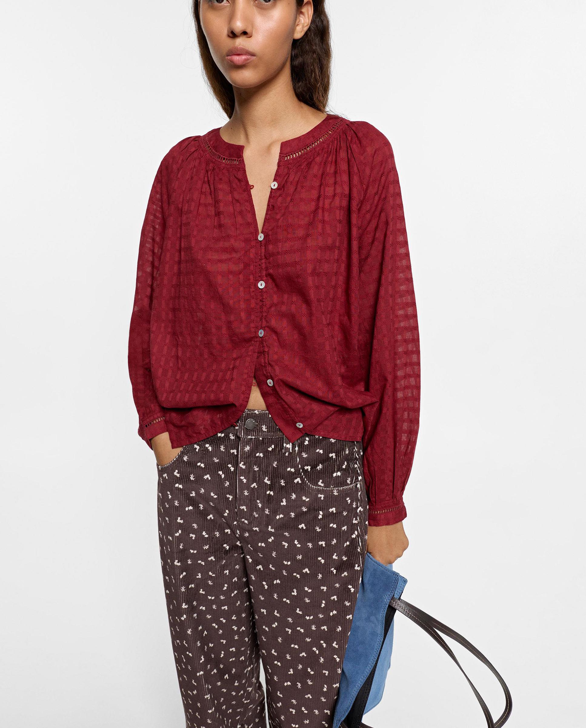Camisa de mujer 100% algodón de manga larga con cuello mao y bordados - Parfois - Burdeos Burdeos-1