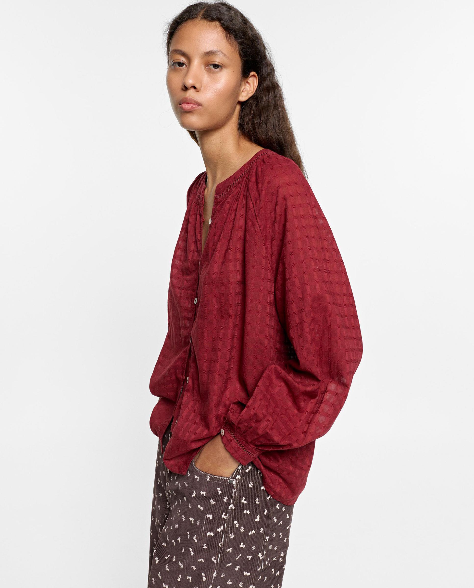 Camisa de mujer 100% algodón de manga larga con cuello mao y bordados - Parfois - Burdeos Burdeos-3