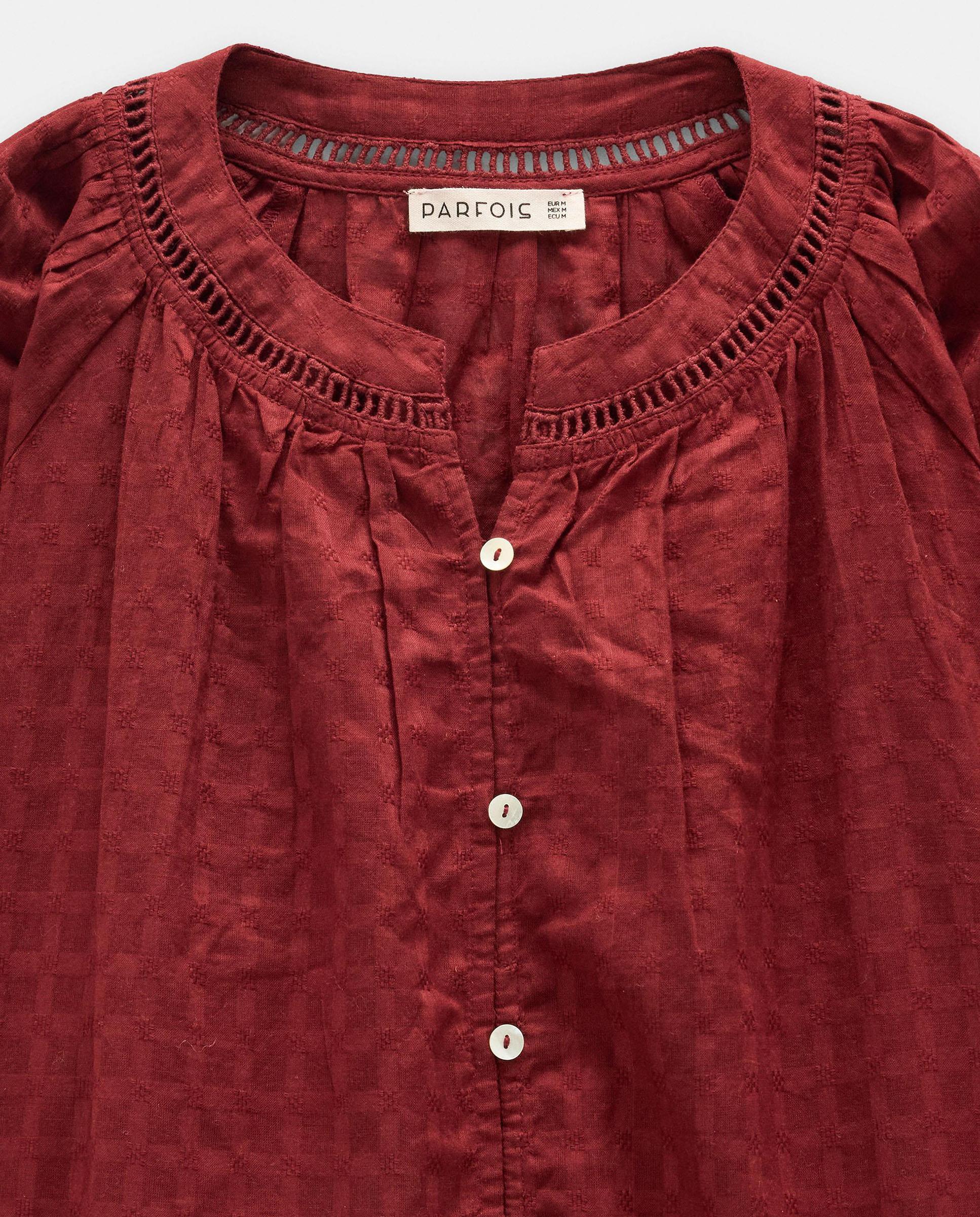 Camisa de mujer 100% algodón de manga larga con cuello mao y bordados - Parfois - Burdeos Burdeos-5