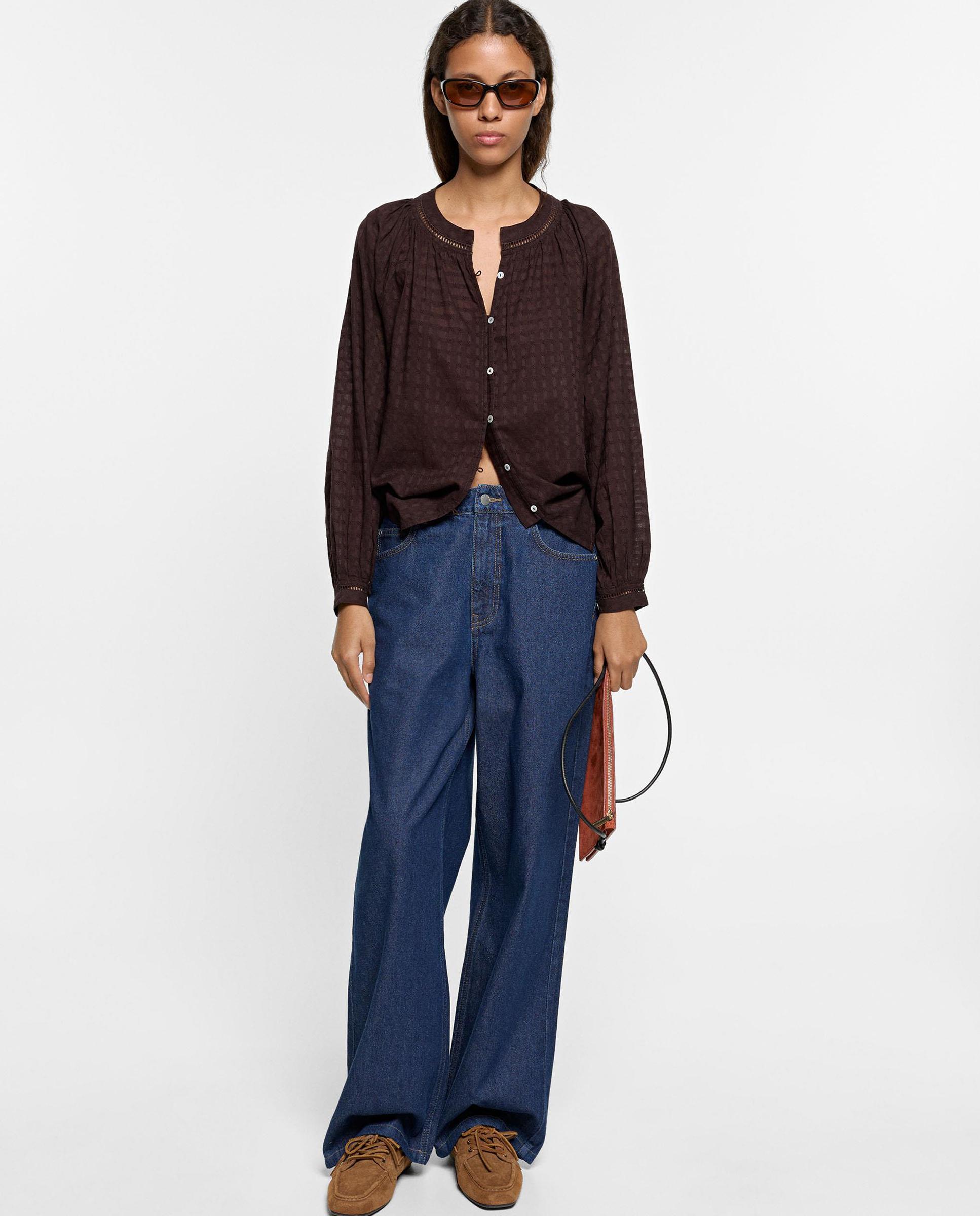 Camisa de mujer 100% algodón de manga larga con cuello mao y bordados - Parfois - Marrón oscuro Marrón oscuro-2