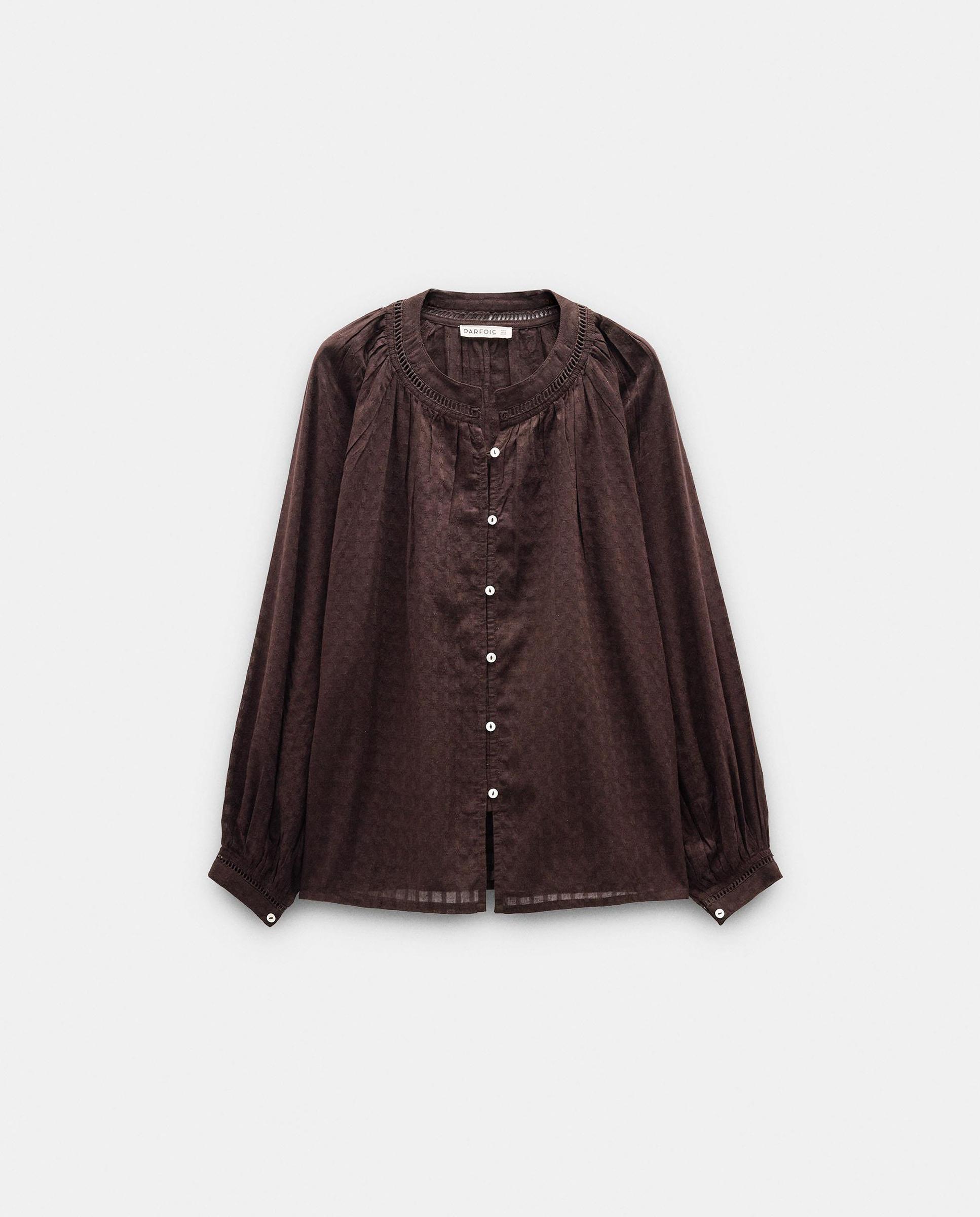 Camisa de mujer 100% algodón de manga larga con cuello mao y bordados - Parfois - Marrón oscuro Marrón oscuro-6