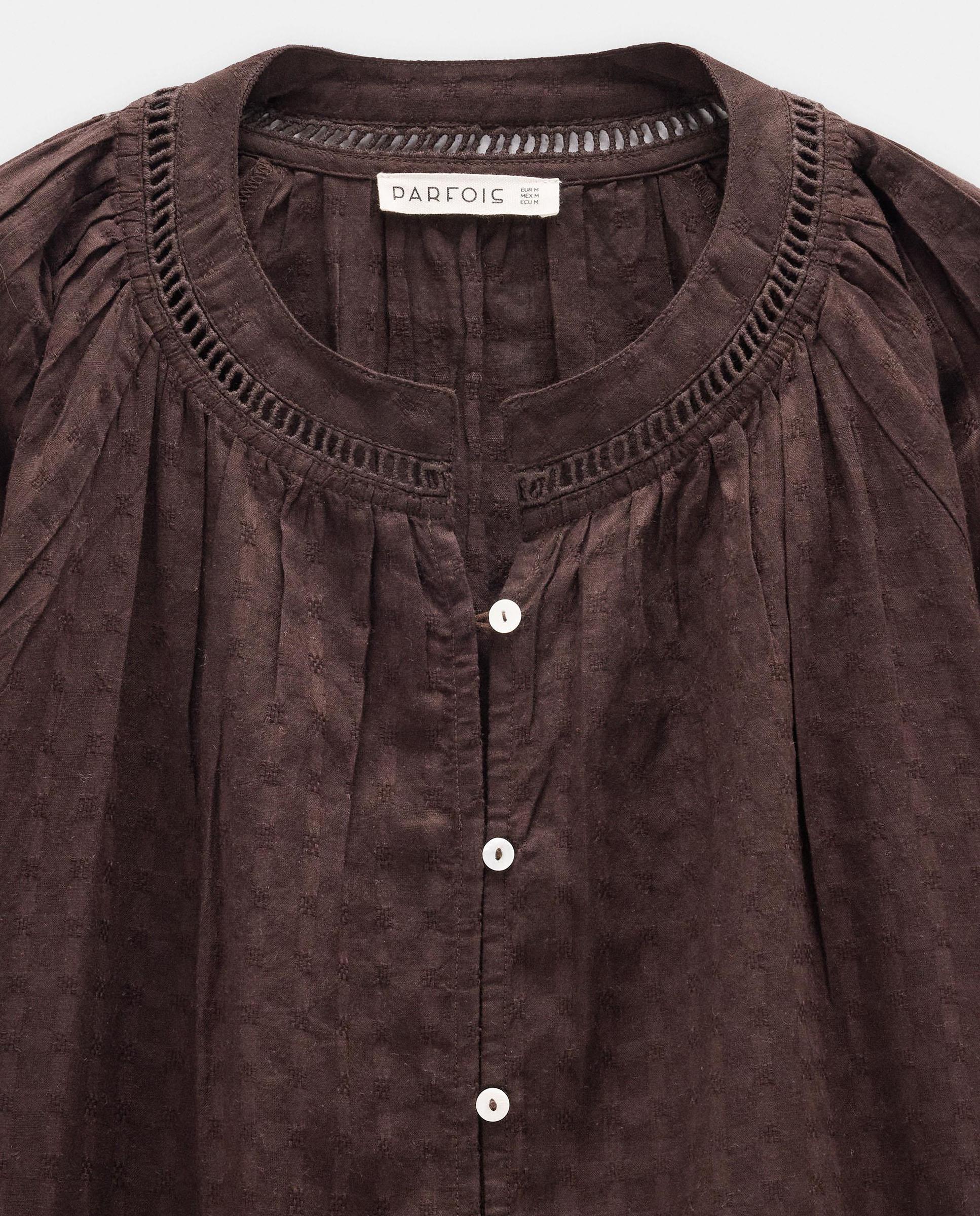 Camisa de mujer 100% algodón de manga larga con cuello mao y bordados - Parfois - Marrón oscuro Marrón oscuro-5