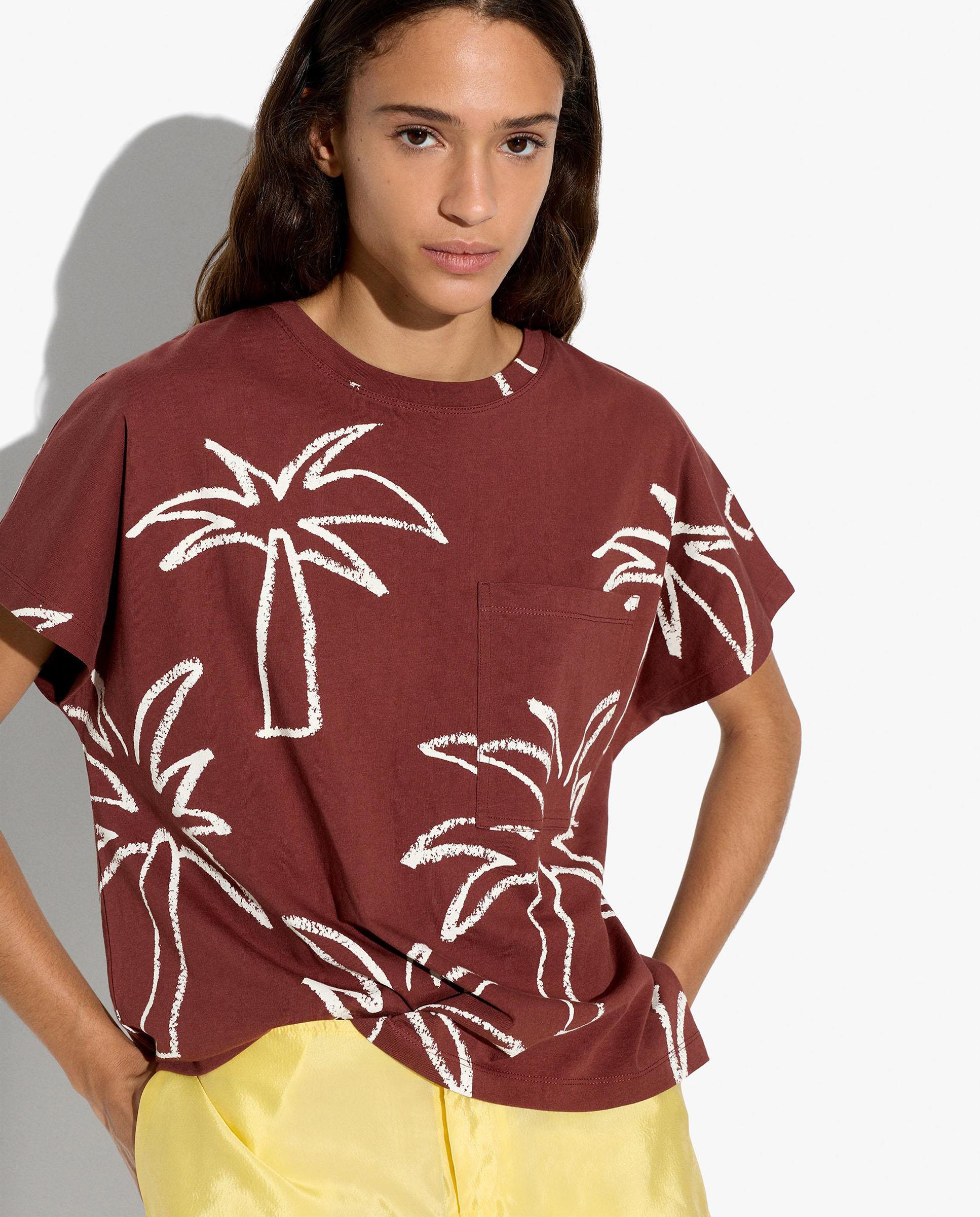 Parfois - Camiseta de mujer 100% algodón de manga corta con estampado de palmeras.