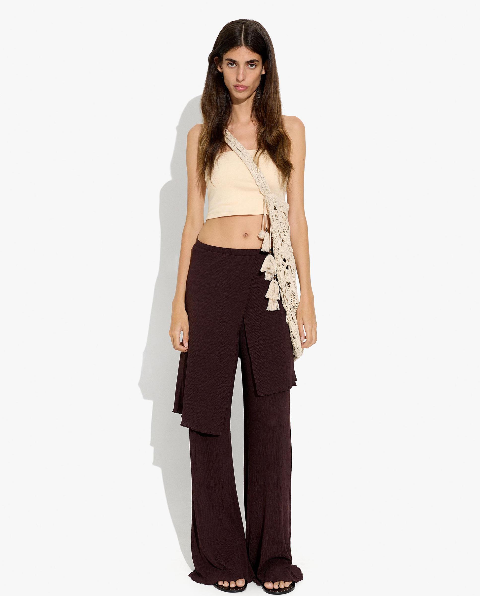 Pantalones rectos de mujer con falda asimétrica en liso - Parfois - Marrón oscuro Marrón oscuro-1