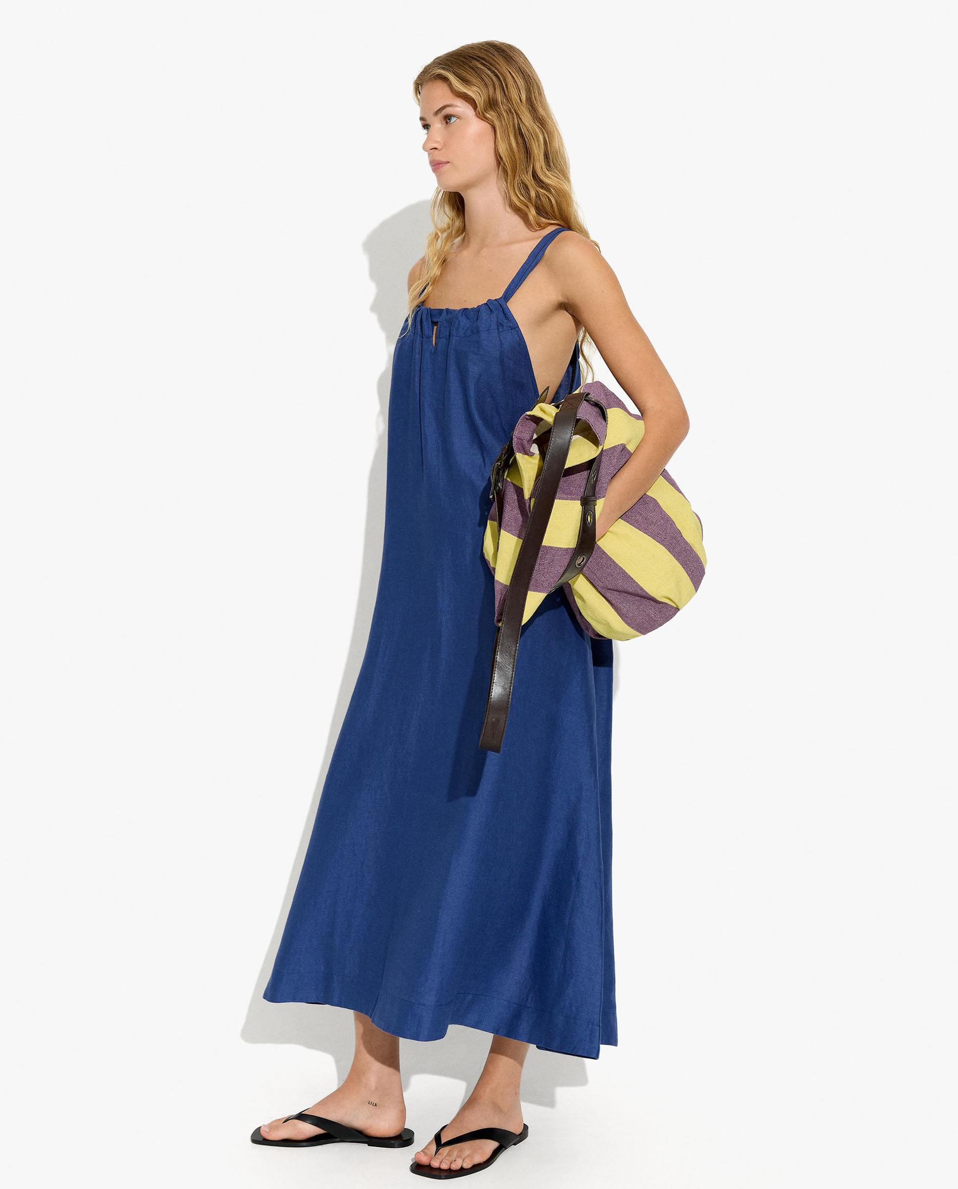 Vestido largo 100% lino de tirantes en liso - Parfois - Azul Azul-1