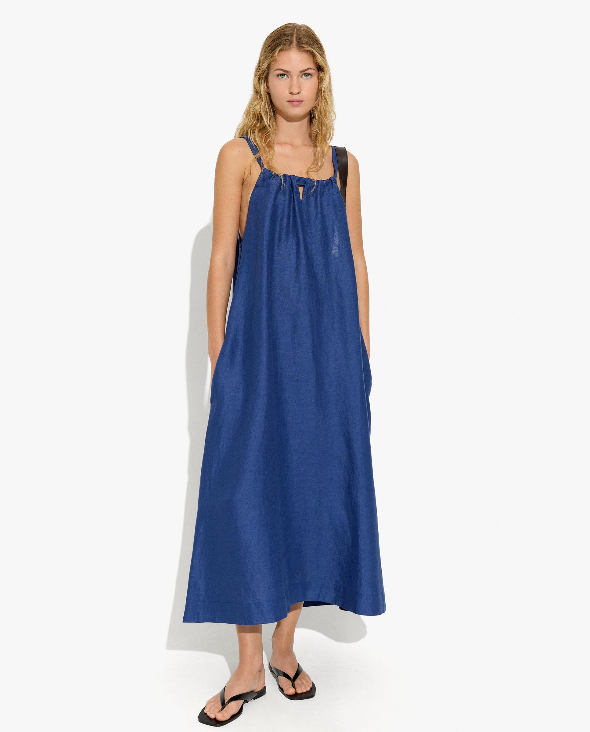 Vestido largo 100% lino de tirantes en liso - Parfois - Azul Azul-2