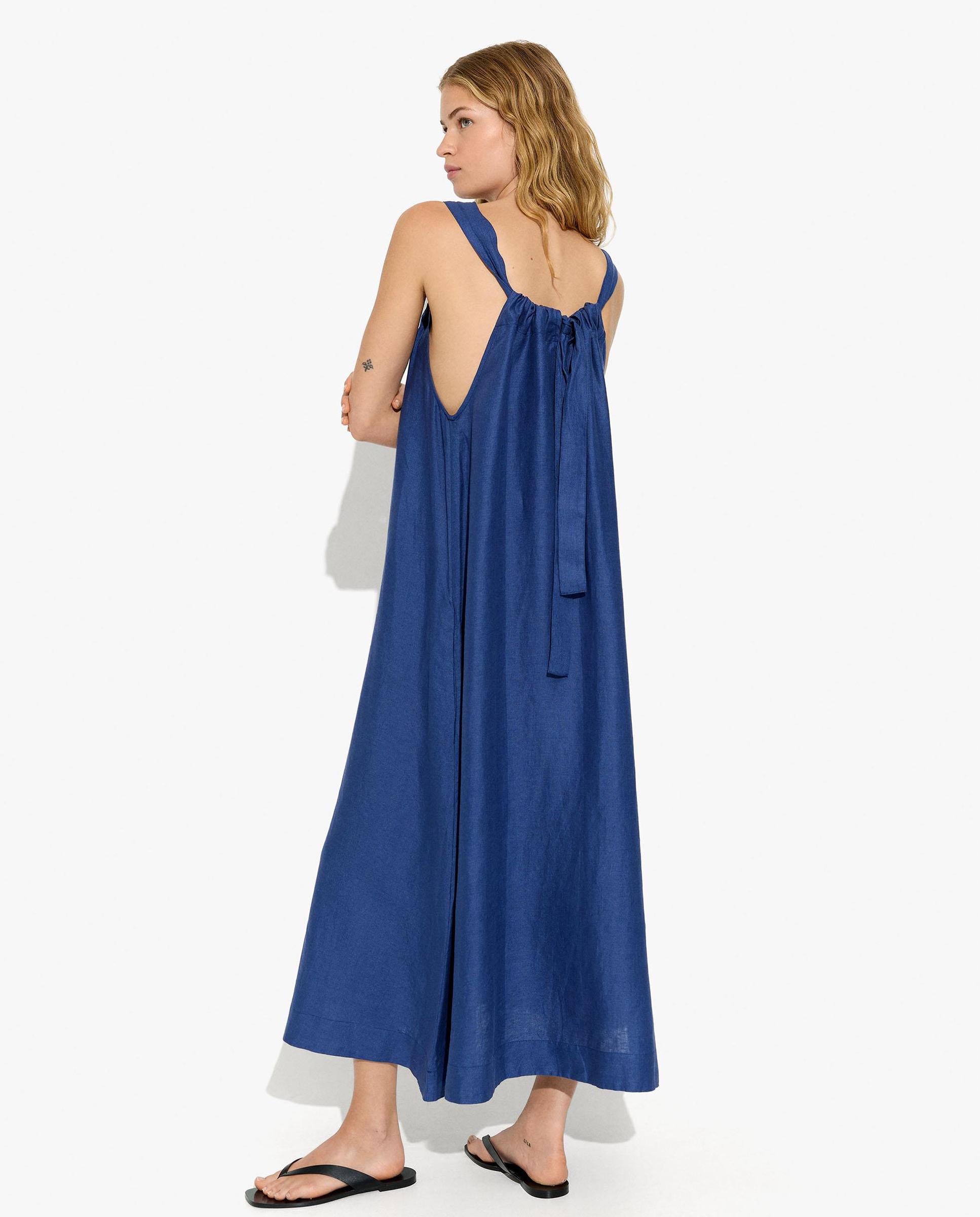 Vestido largo 100% lino de tirantes en liso - Parfois - Azul Azul-3