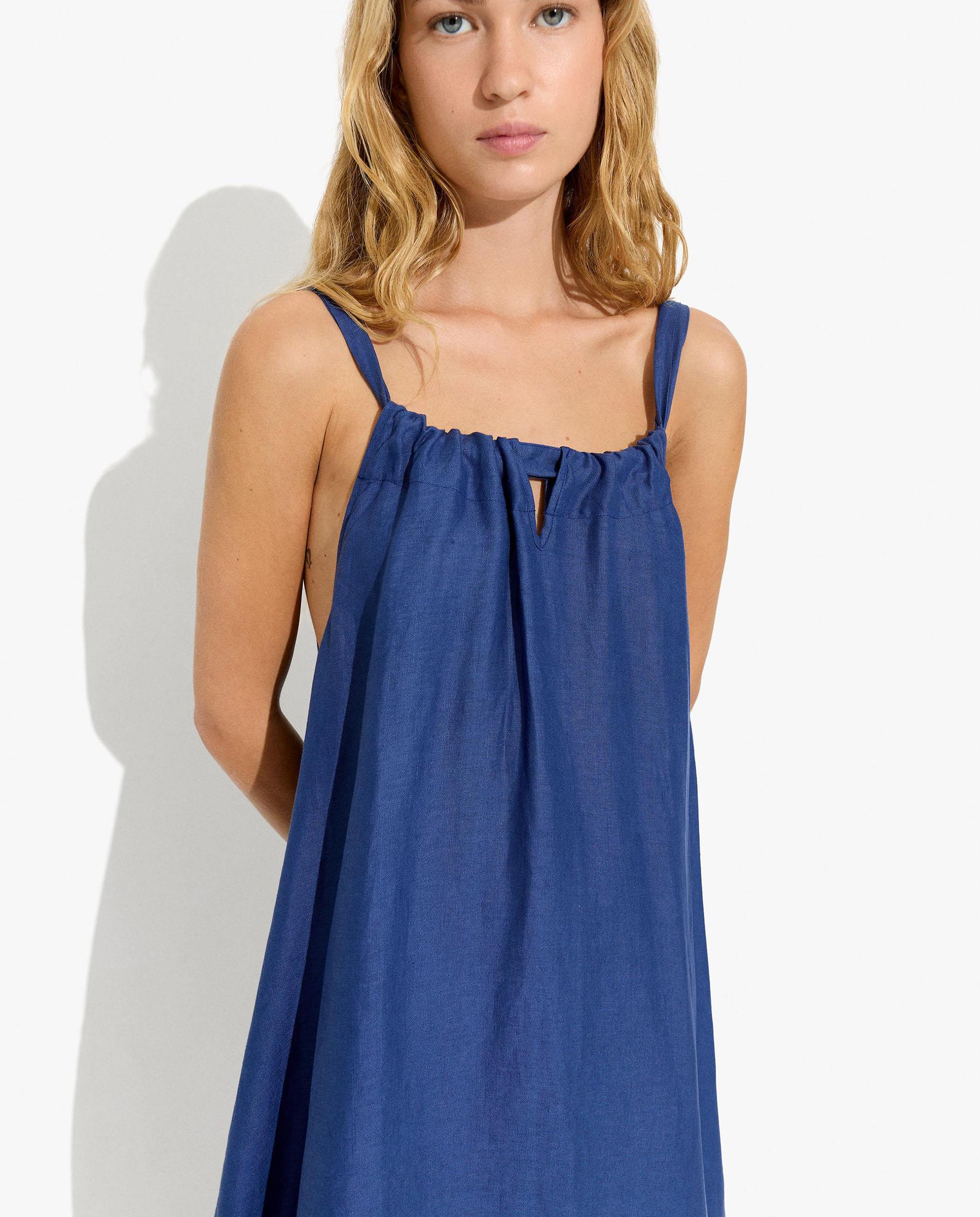 Vestido largo 100% lino de tirantes en liso - Parfois - Azul Azul-4