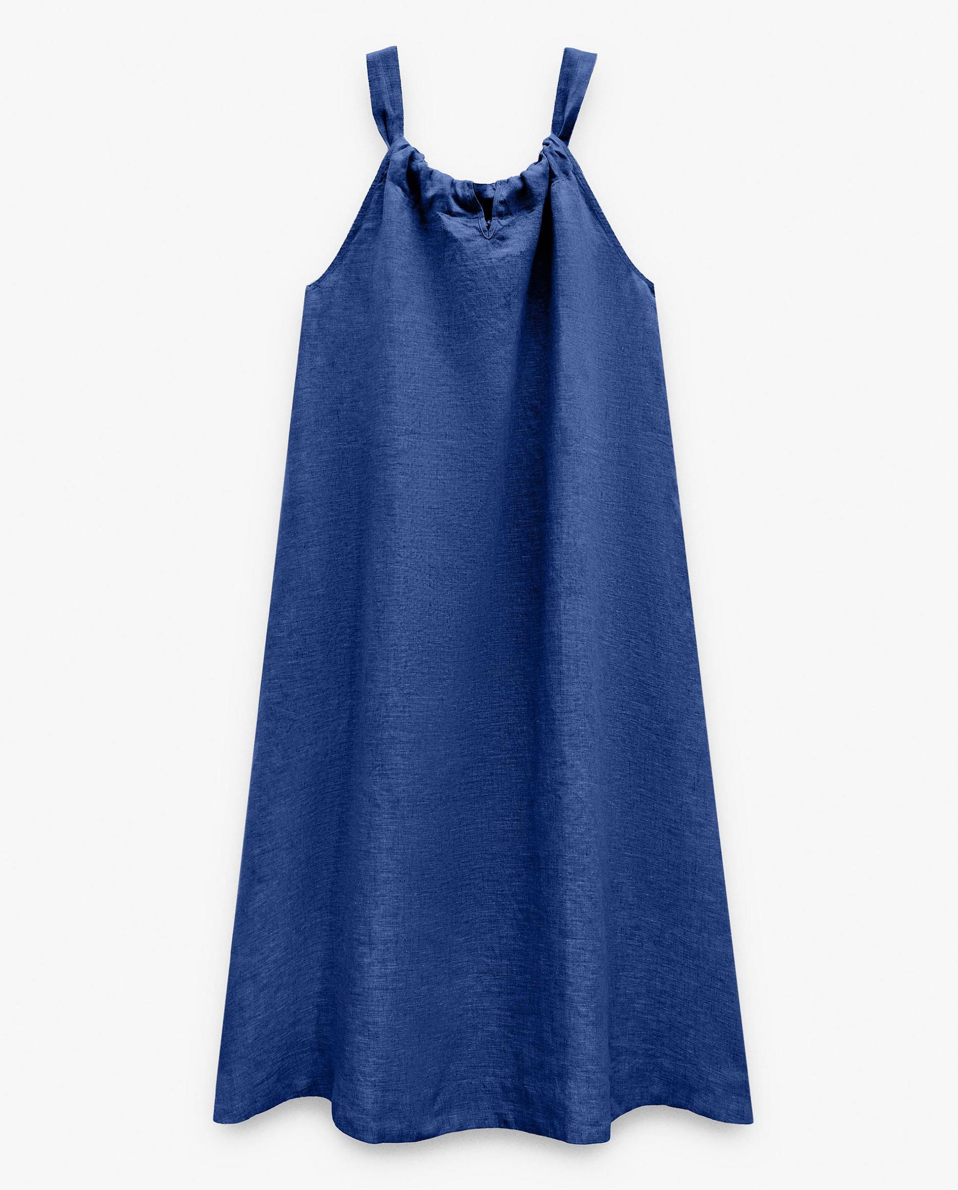 Vestido largo 100% lino de tirantes en liso - Parfois - Azul Azul-6