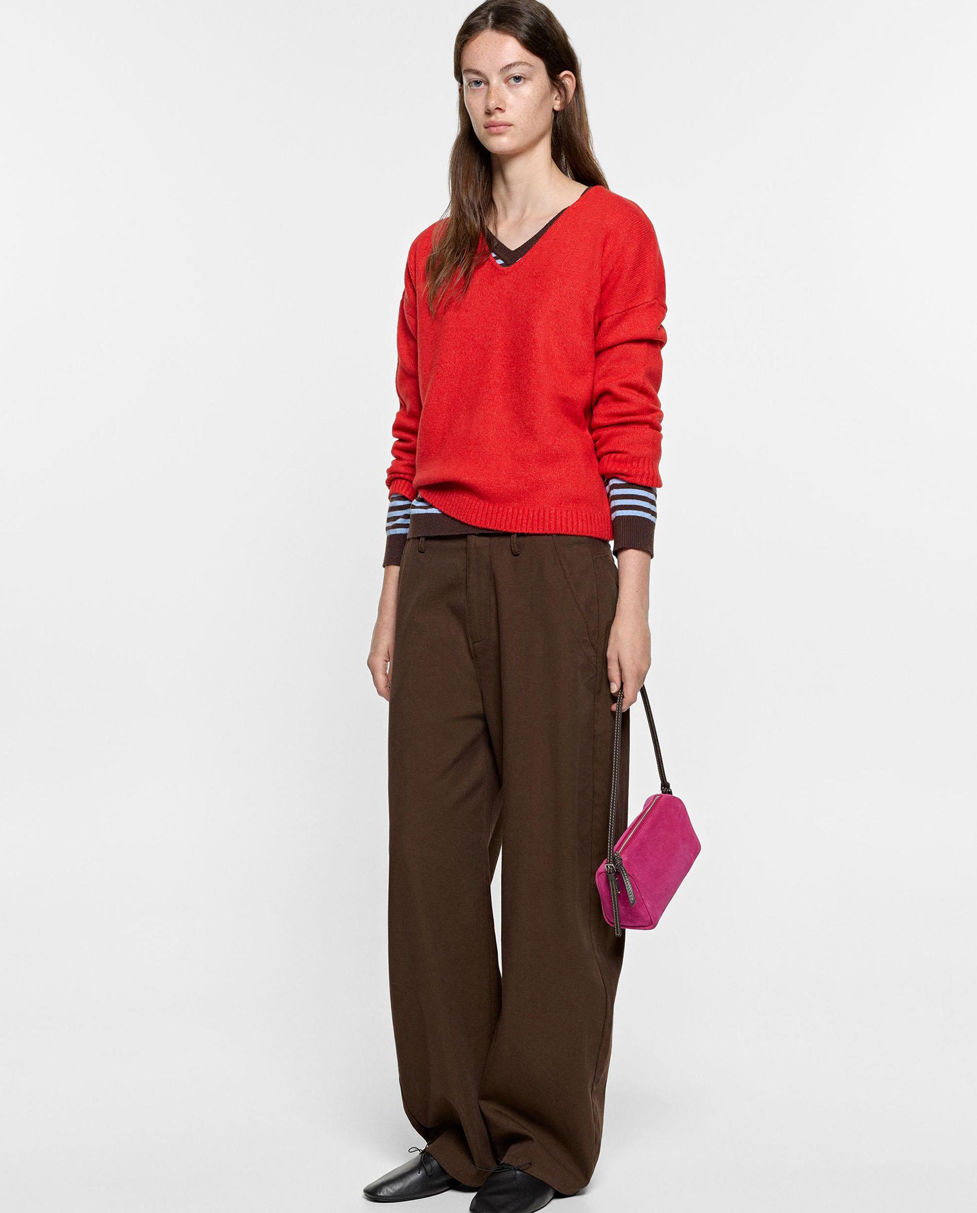 Jersey de mujer de punto de manga larga con cuello pico - Parfois - Rojo Rojo-2