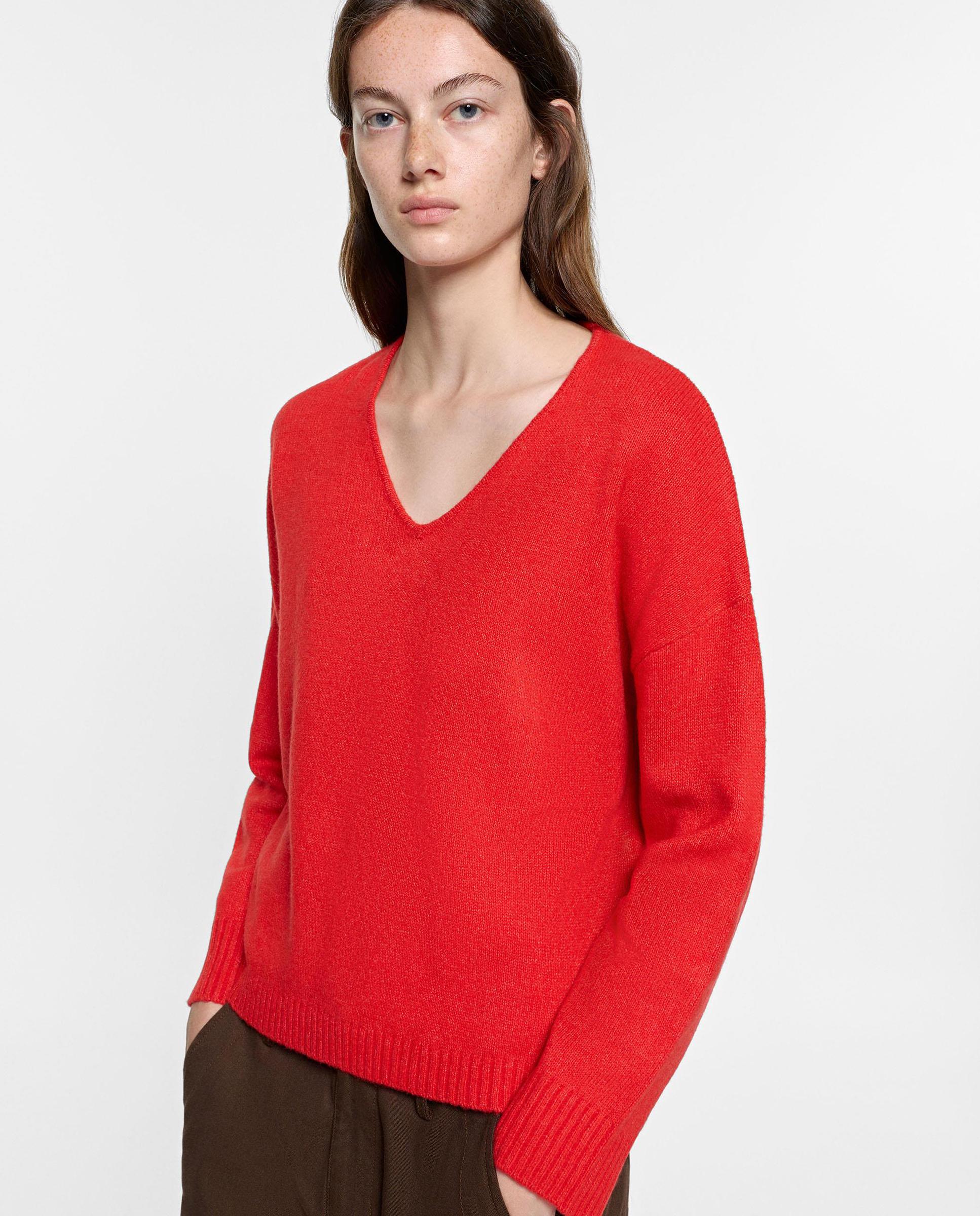 Jersey de mujer de punto de manga larga con cuello pico - Parfois - Rojo Rojo-4