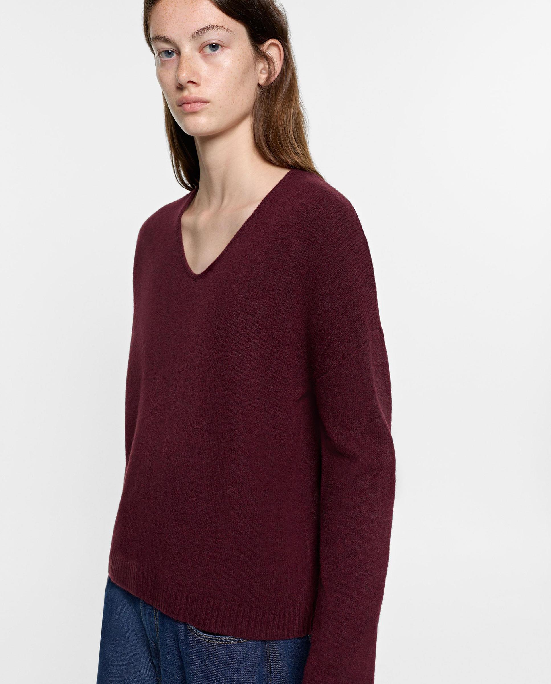 Jersey de mujer de punto de manga larga con cuello pico - Parfois - Burdeos Burdeos-3