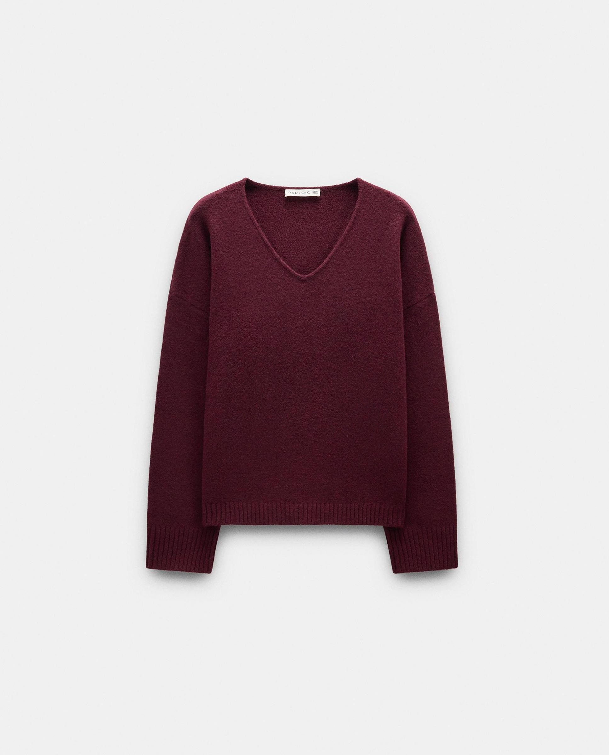 Jersey de mujer de punto de manga larga con cuello pico - Parfois - Burdeos Burdeos-6