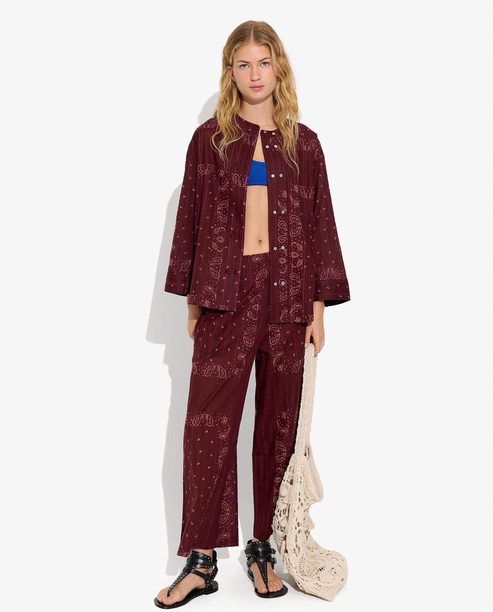 Pantalones rectos de mujer 100% algodón con cintura elástica y estampado paisley - Parfois - Burdeos Burdeos-1