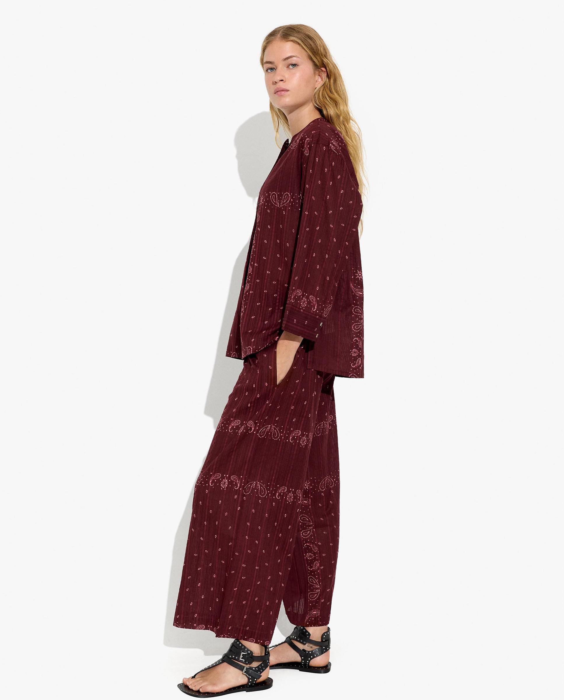 Pantalones rectos de mujer 100% algodón con cintura elástica y estampado paisley - Parfois - Burdeos Burdeos-3