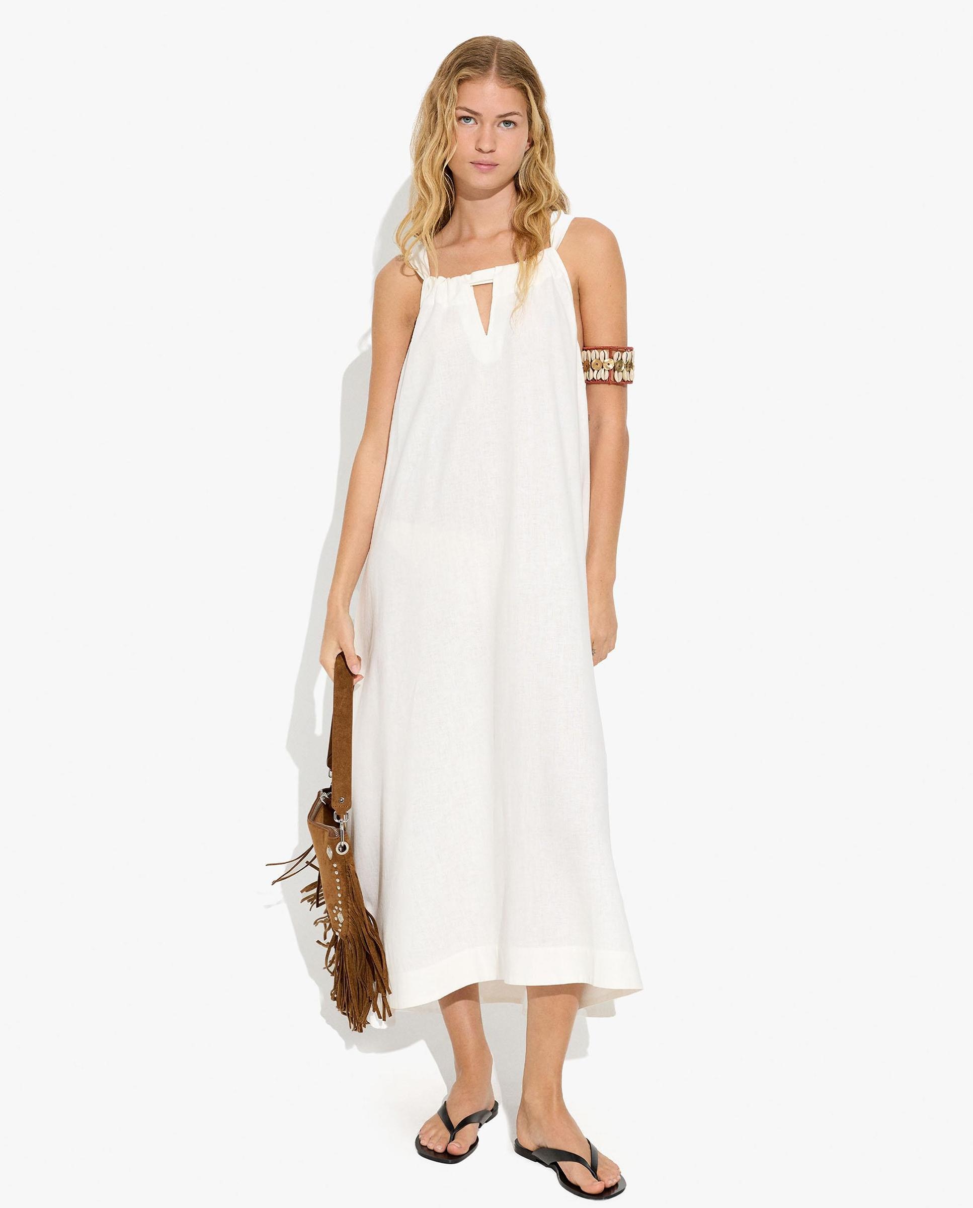Vestido midi con lazada trasera y vuelo en liso - Parfois - Blanco Blanco-1