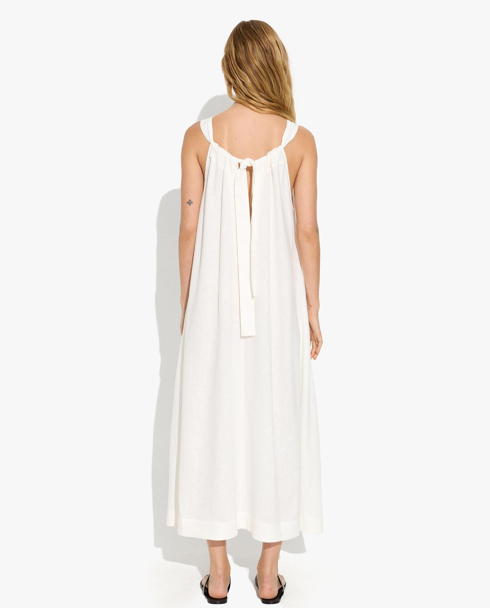 Vestido midi con lazada trasera y vuelo en liso - Parfois - Blanco Blanco-3