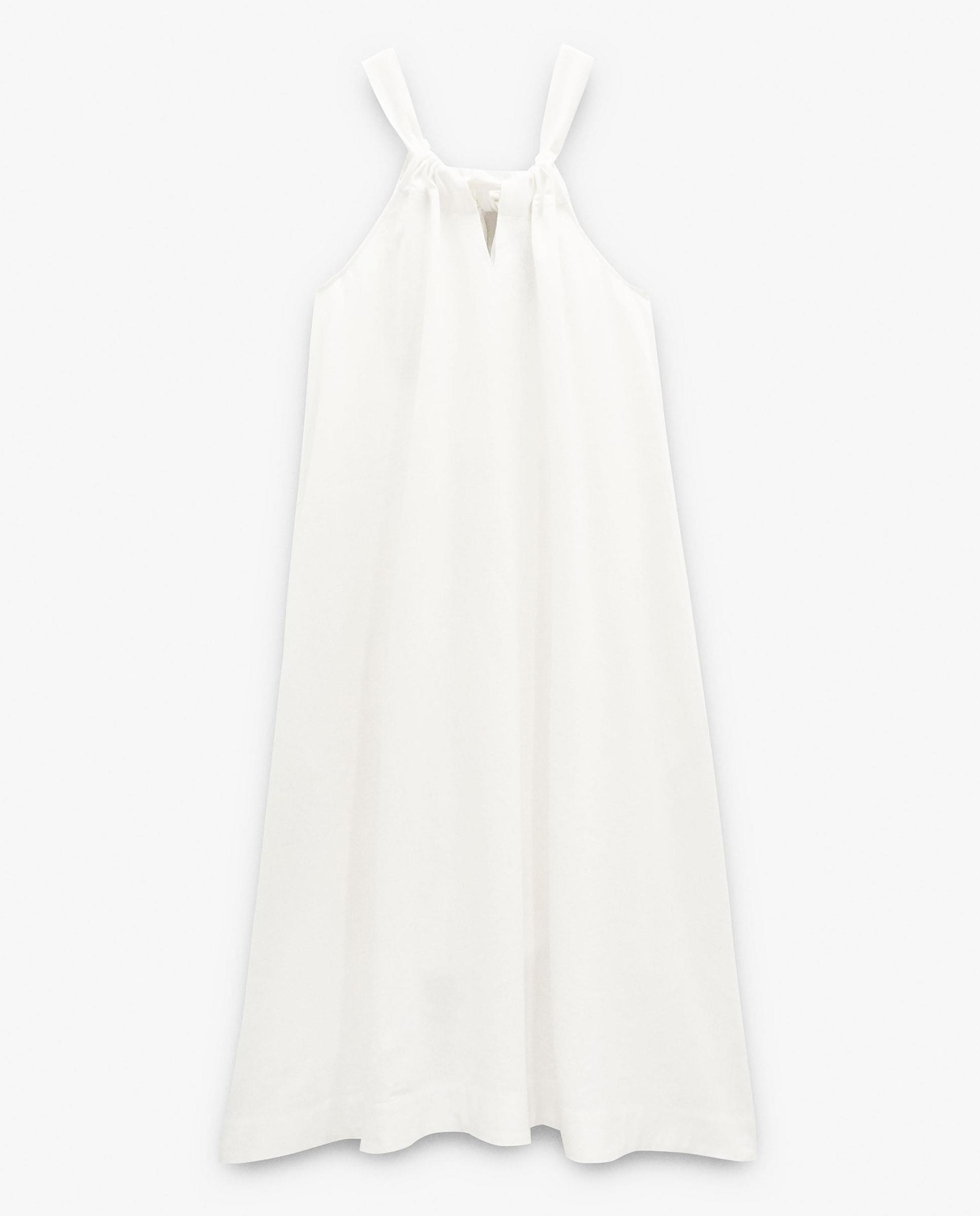Vestido midi con lazada trasera y vuelo en liso - Parfois - Blanco Blanco-5