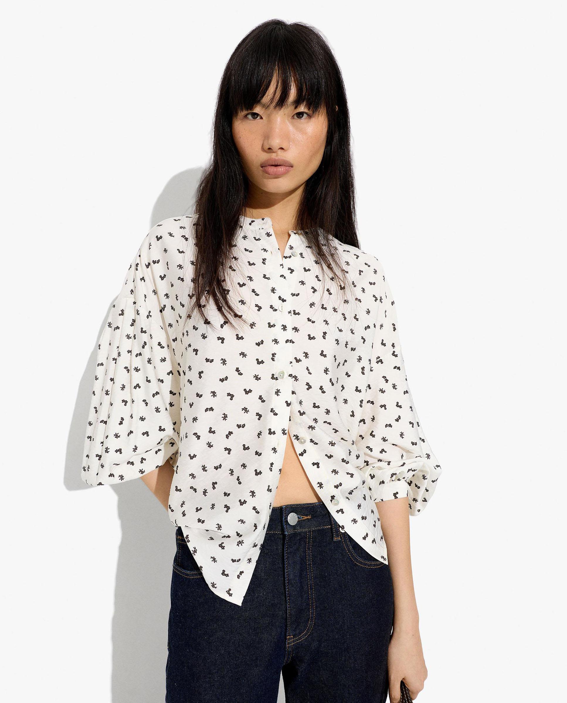Camisa de mujer de manga francesa con cuello mao y microestampados - Parfois - Blanco Blanco-1