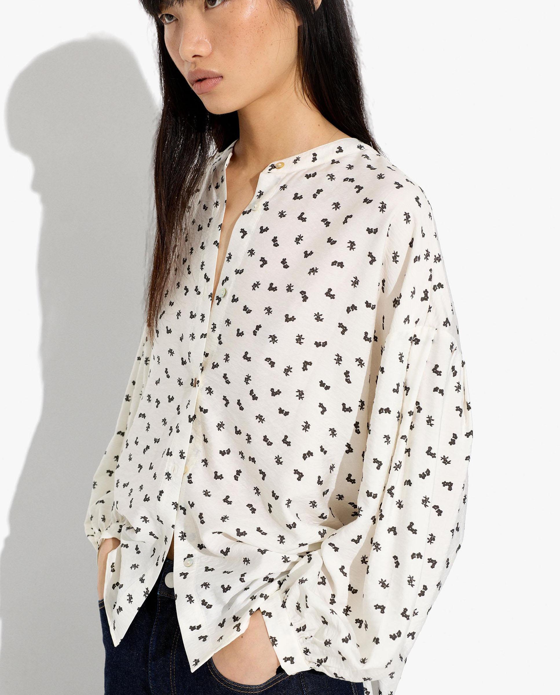 Camisa de mujer de manga francesa con cuello mao y microestampados - Parfois - Blanco Blanco-3