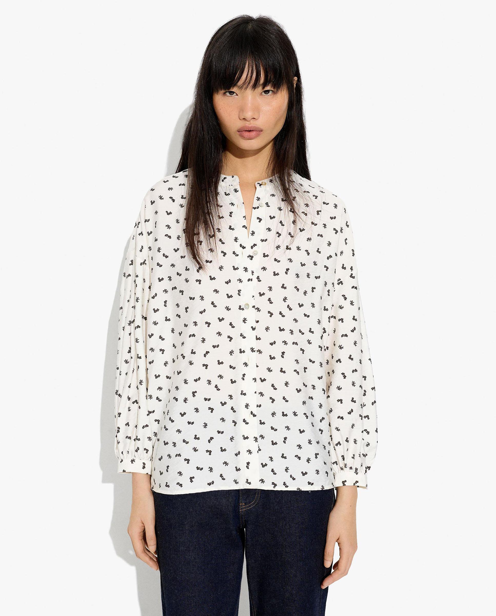Camisa de mujer de manga francesa con cuello mao y microestampados - Parfois - Blanco Blanco-5