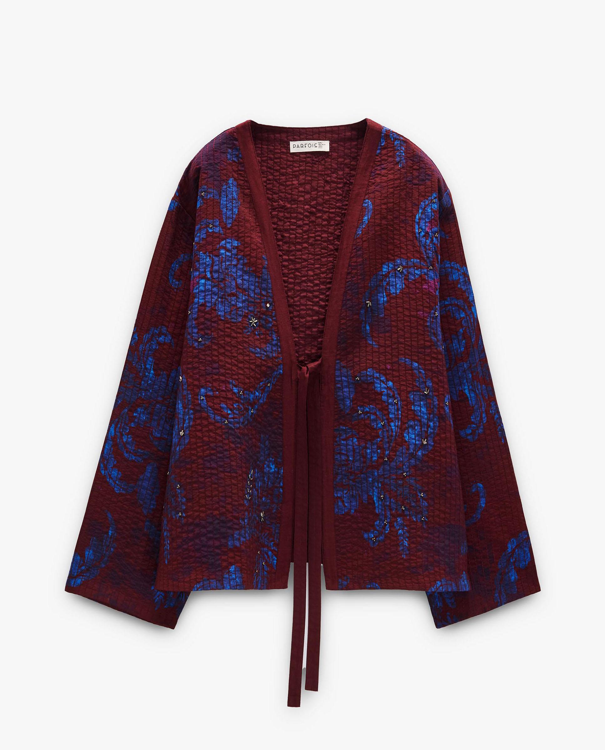 Caftán de mujer estilo kimono con bordados florales - Parfois - Burdeos Burdeos-1