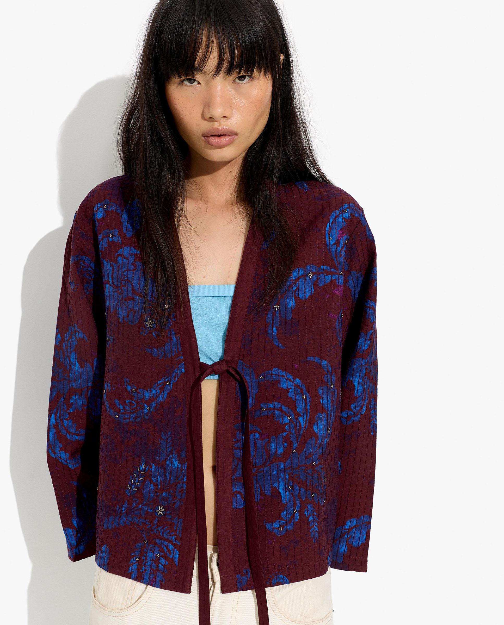 Caftán de mujer estilo kimono con bordados florales - Parfois - Burdeos Burdeos-2