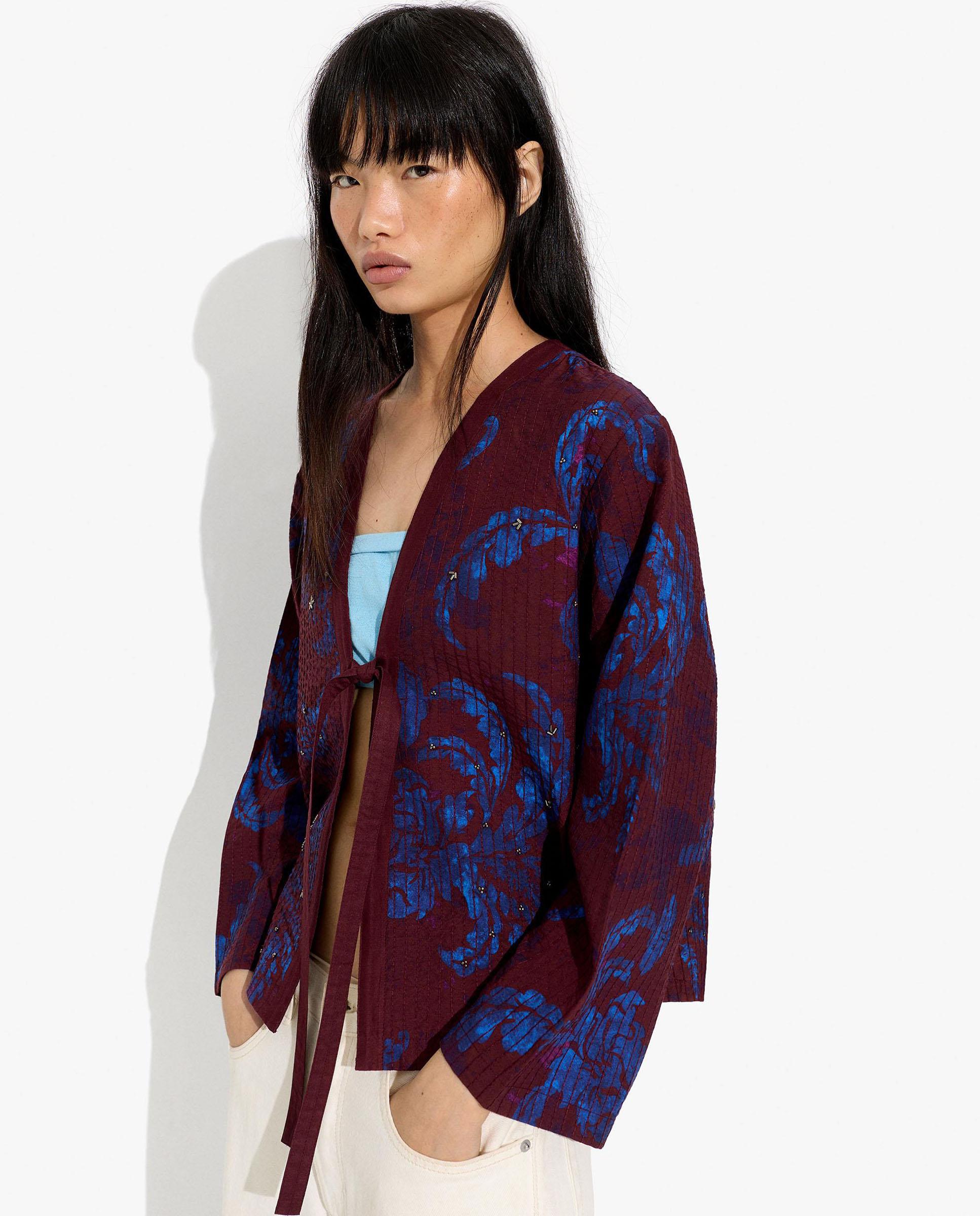 Caftán de mujer estilo kimono con bordados florales - Parfois - Burdeos Burdeos-3