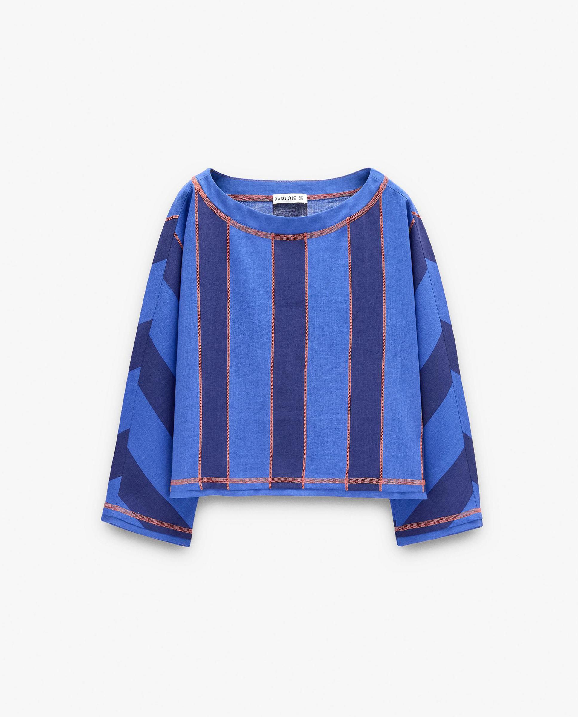 Camiseta de mujer de manga francesa con estampado de rayas - Parfois - Azul Azul-7