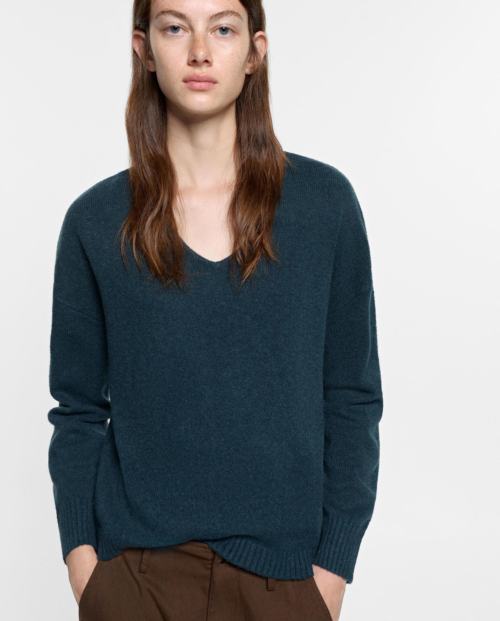 Jersey de mujer de punto de manga larga con cuello pico - Parfois - Azul Azul-1