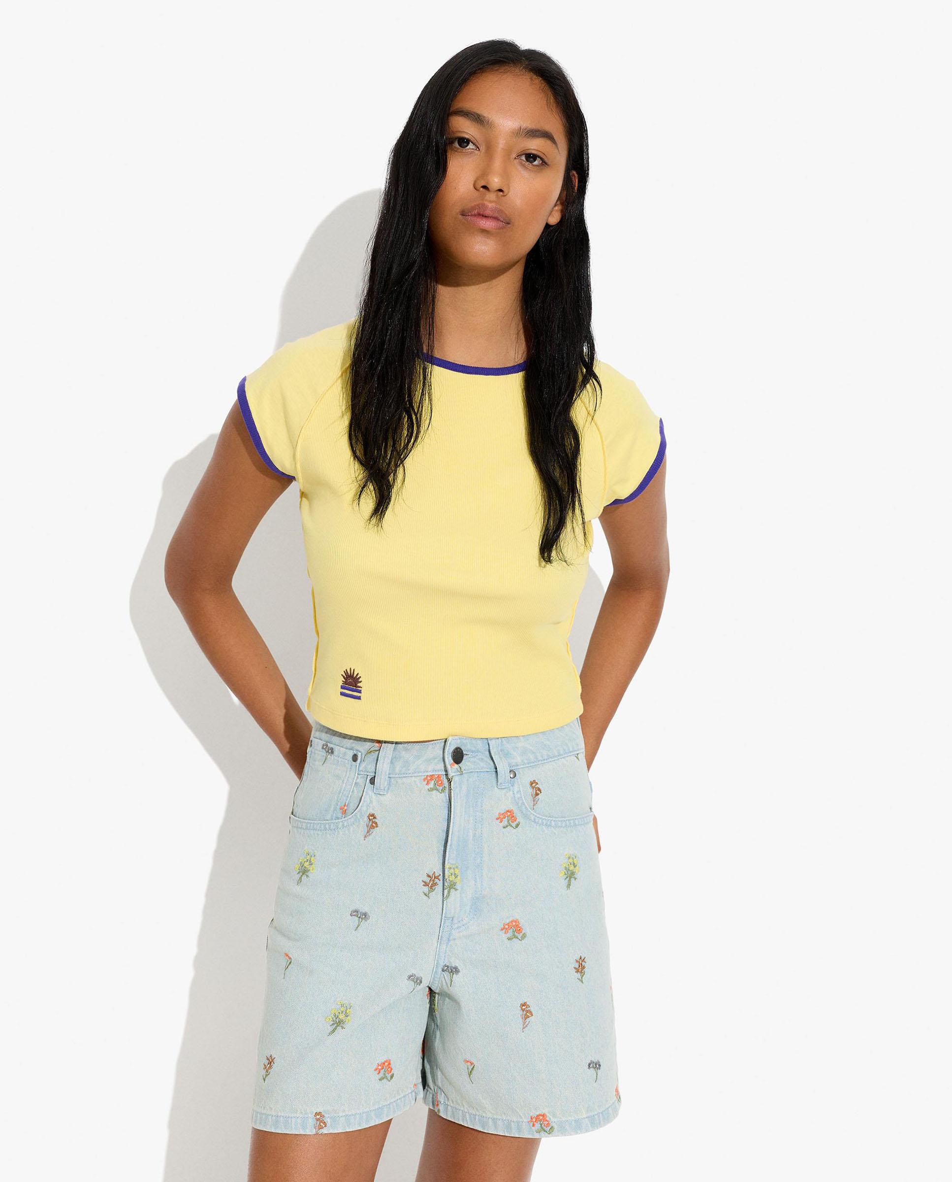 Bermudas de mujer 100% algodón denim con detalles florales - Parfois - Azul Azul-2