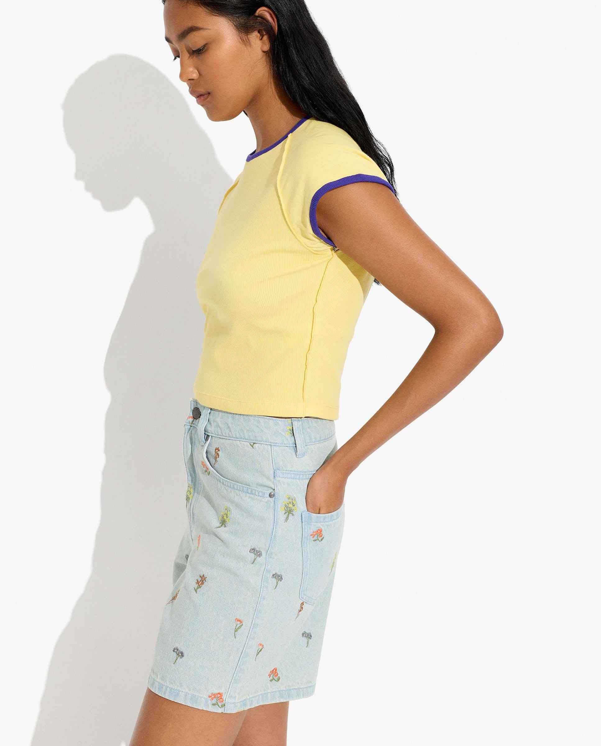 Bermudas de mujer 100% algodón denim con detalles florales - Parfois - Azul Azul-3