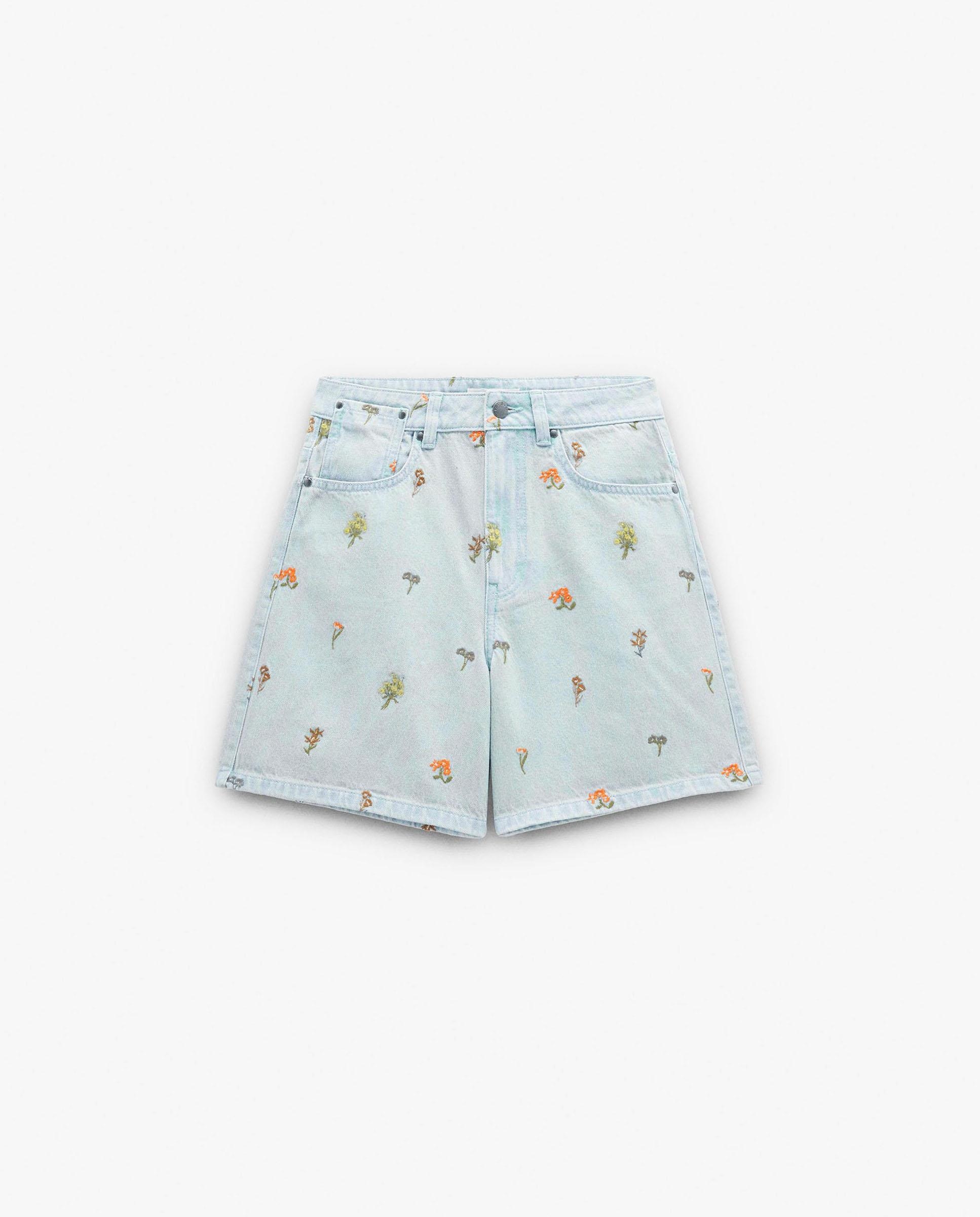 Bermudas de mujer 100% algodón denim con detalles florales - Parfois - Azul Azul-6