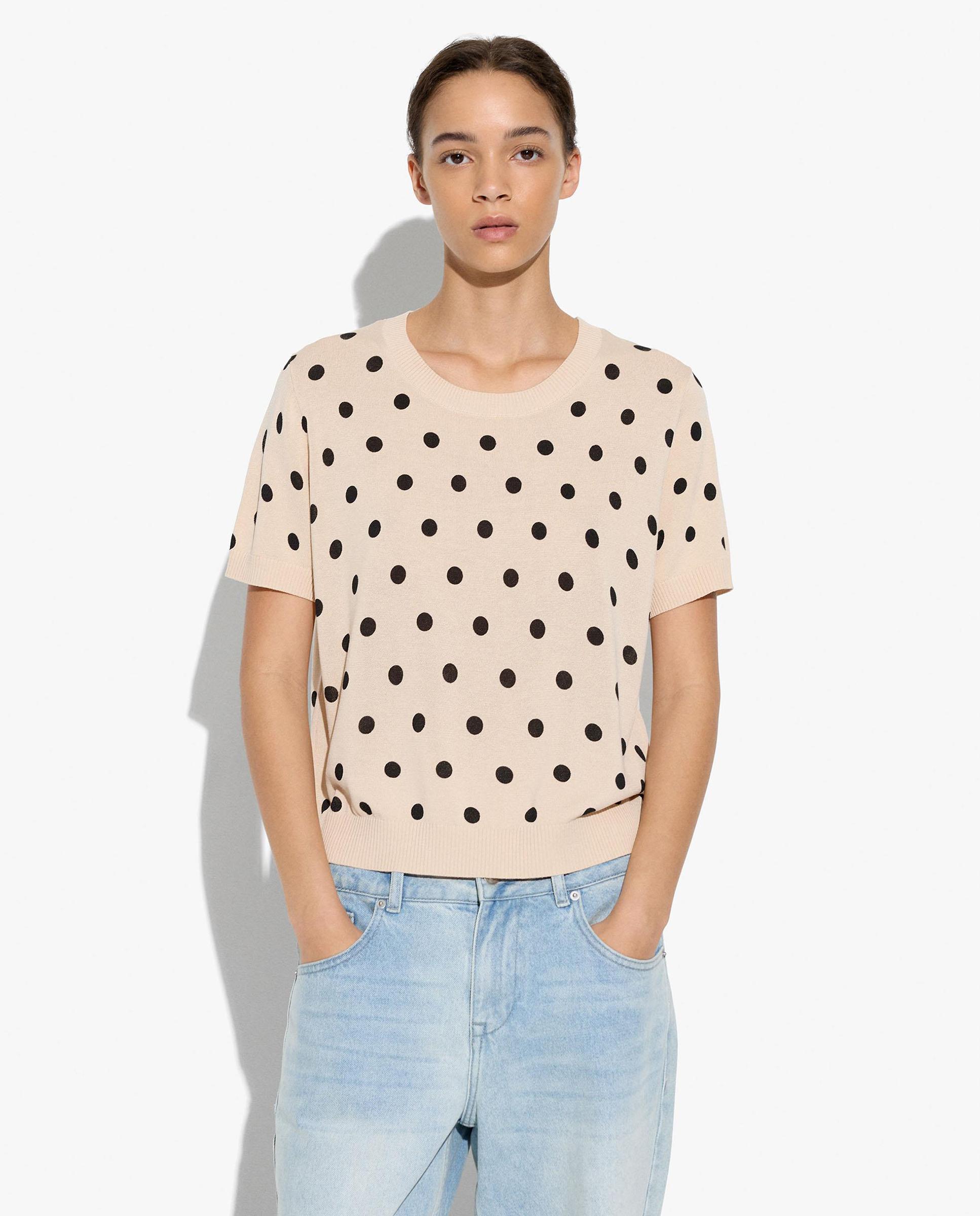 Jersey de mujer de punto de manga corta con estampado de lunares - Parfois - Natural Natural-1