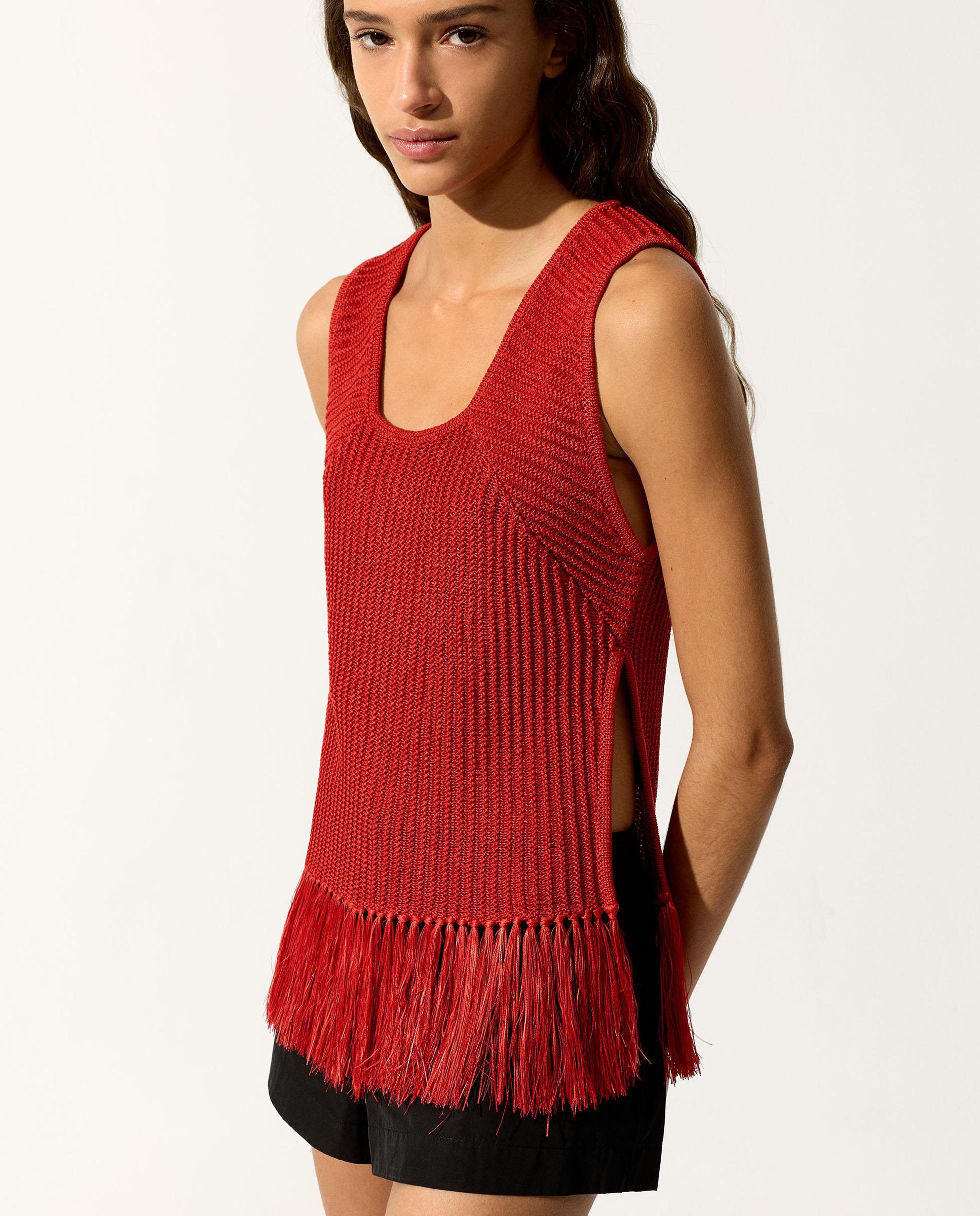 Top de mujer de punto sin mangas con flecos en el bajo - Parfois - Rojo Rojo-1