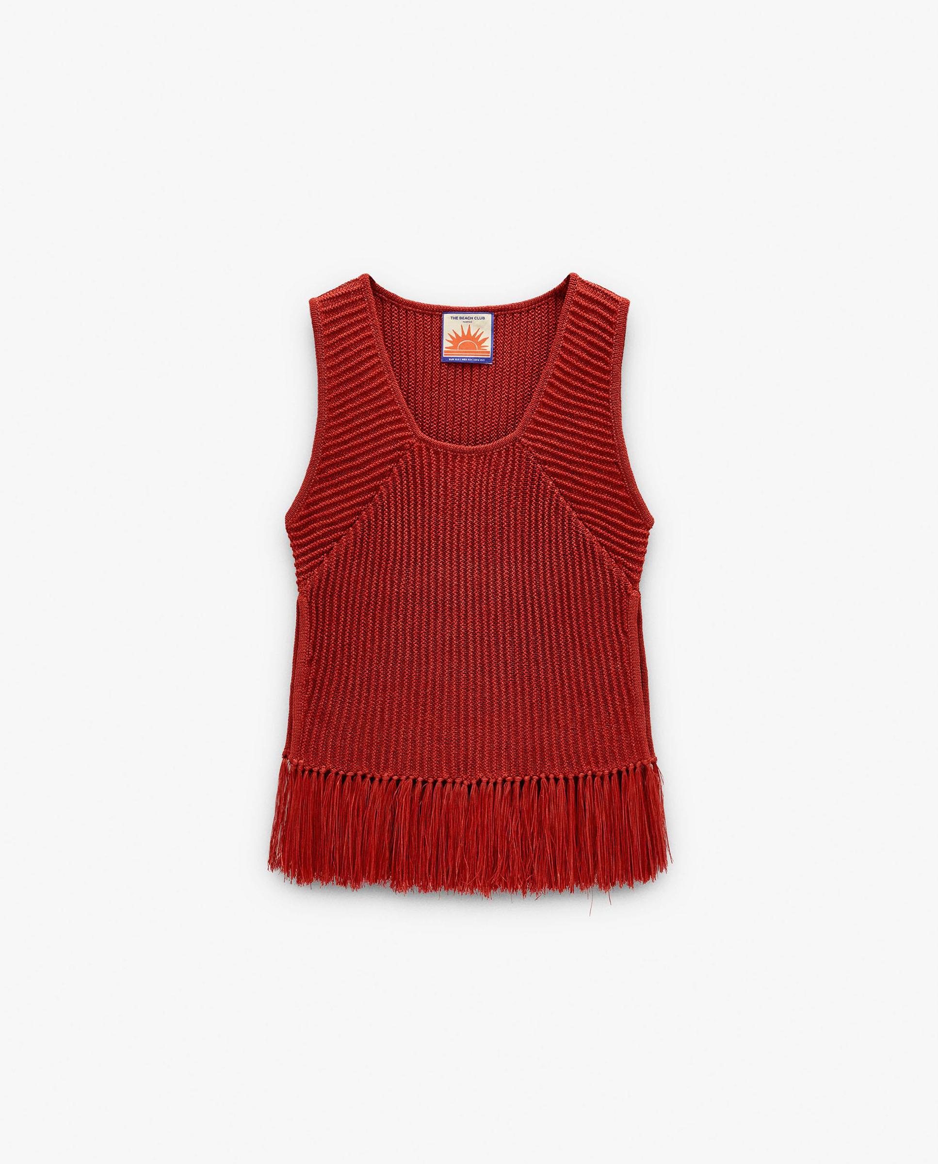 Top de mujer de punto sin mangas con flecos en el bajo - Parfois - Rojo Rojo-6