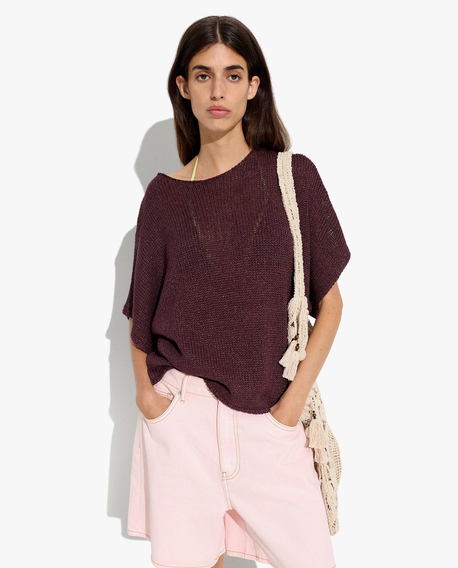 Blusa de mujer de punto con cuello barco en liso - Parfois - Burdeos Burdeos-1