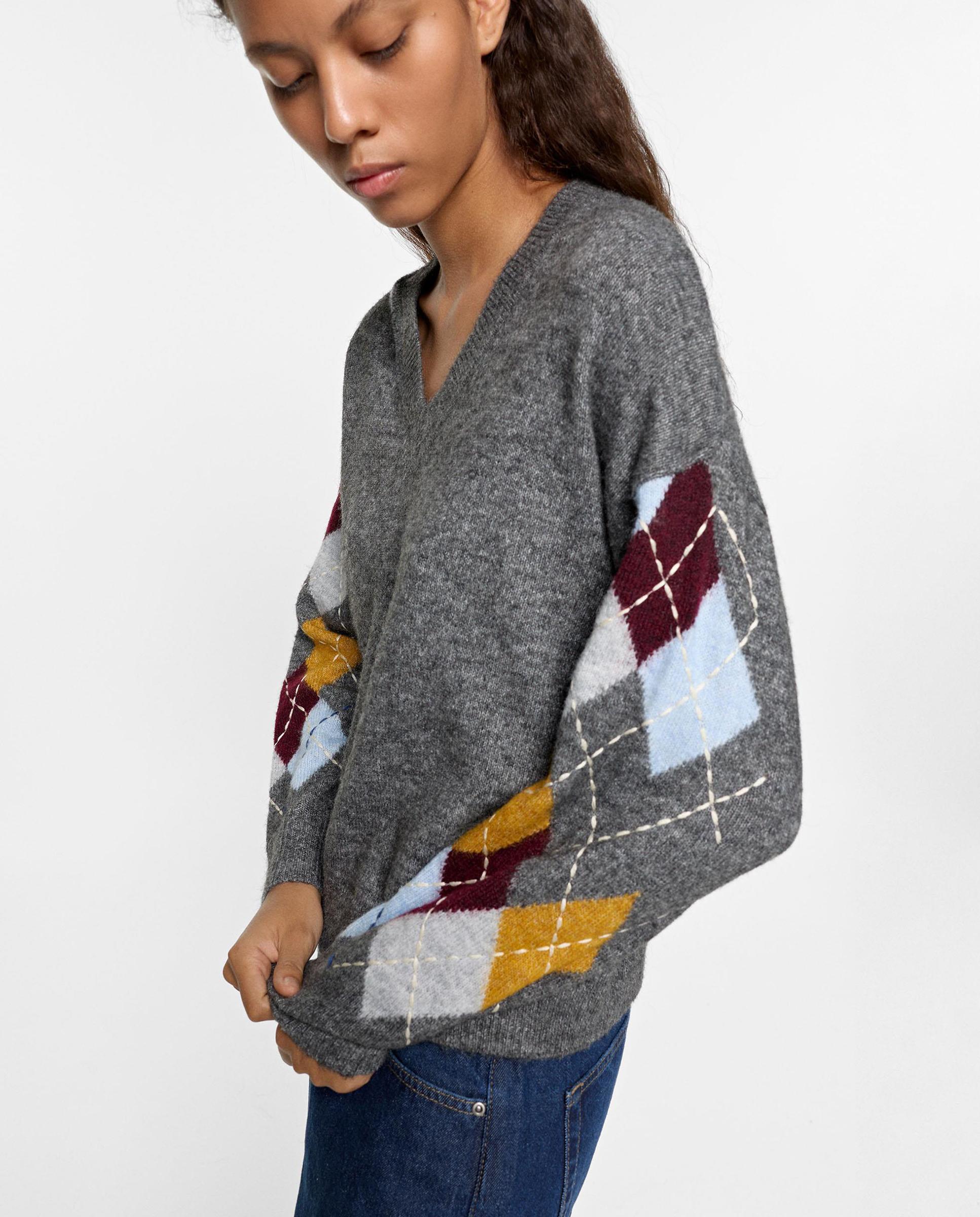 Jersey de mujer de punto con rombos en mangas - Parfois - Gris Gris-3