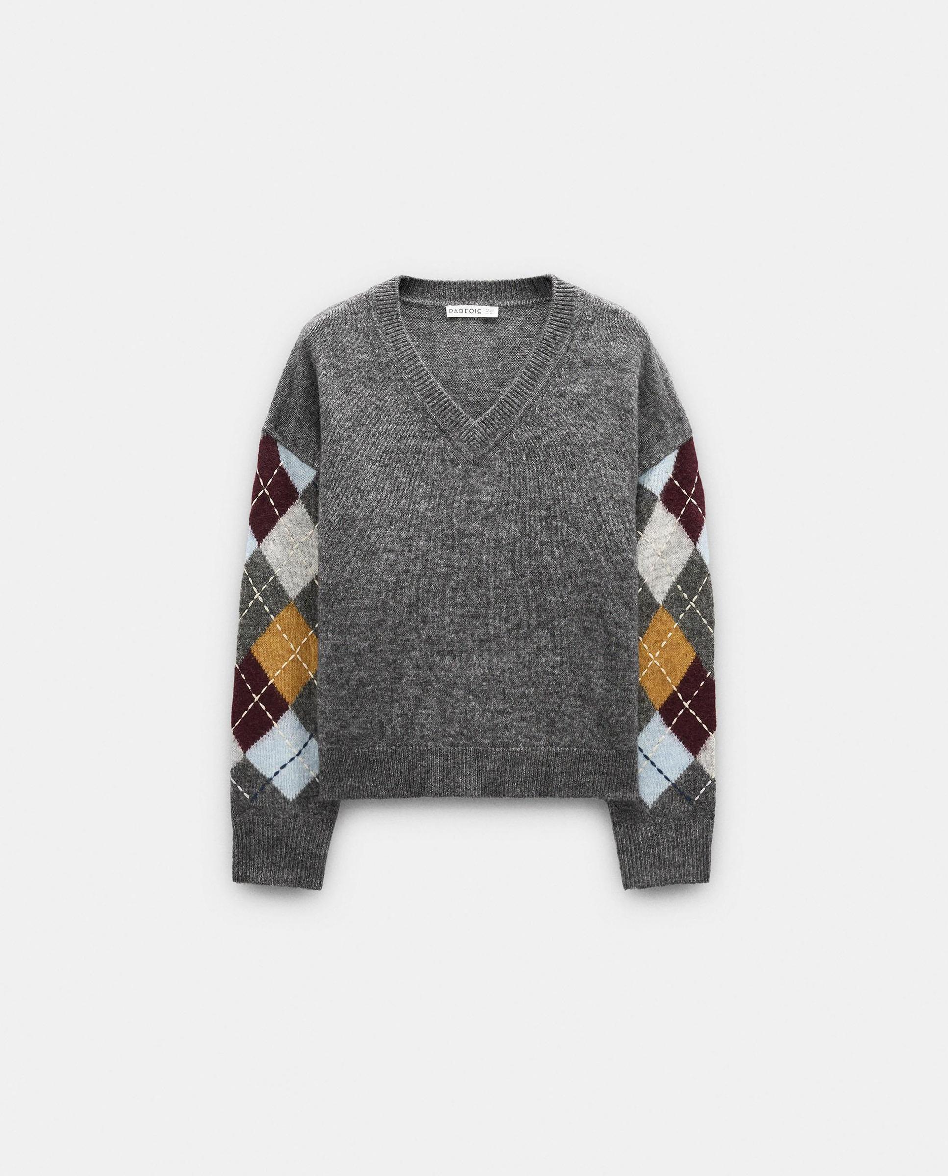 Jersey de mujer de punto con rombos en mangas - Parfois - Gris Gris-6
