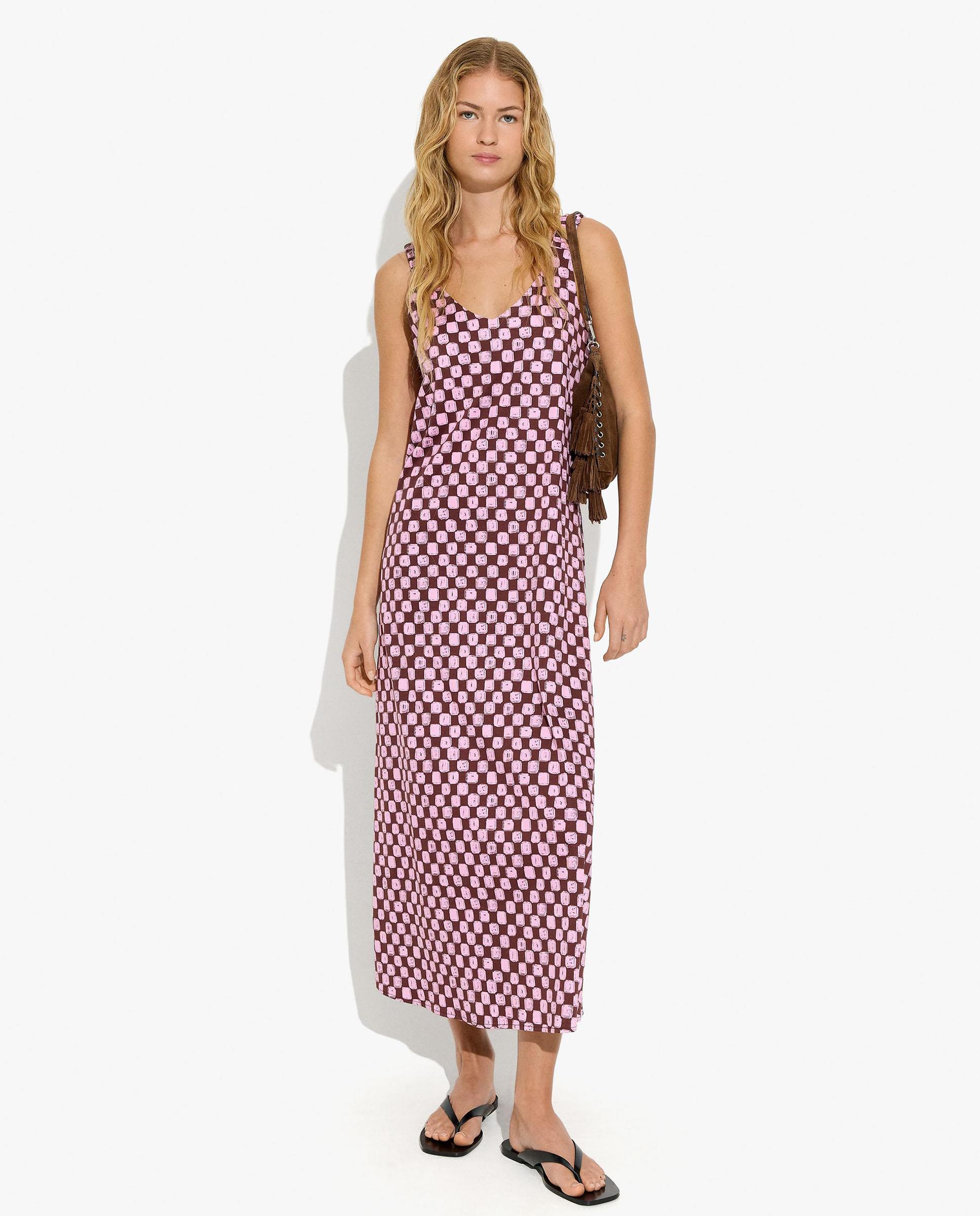 Vestido largo de tirantes con estampado de minicuadros - Parfois - Rosa Rosa-1