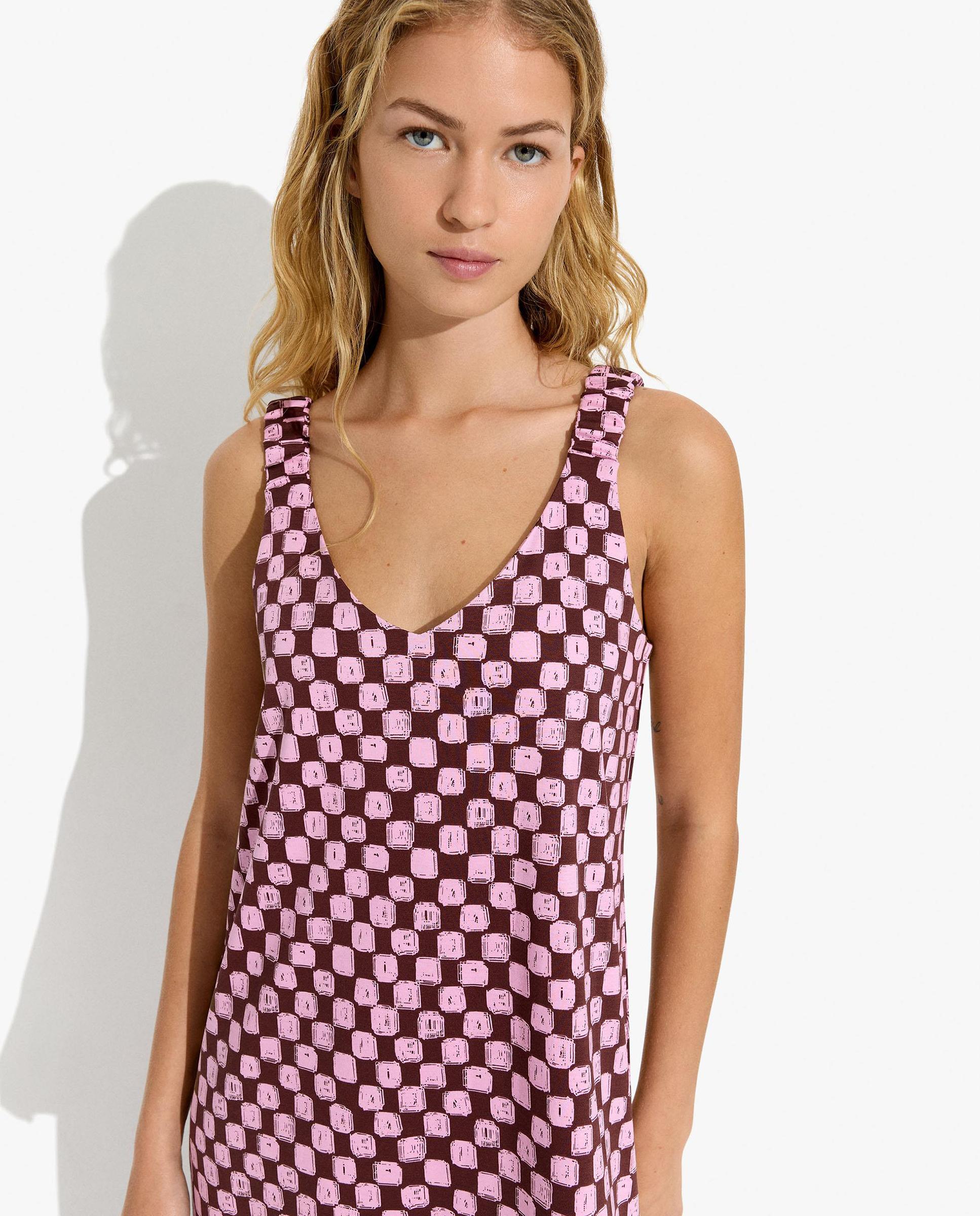 Vestido largo de tirantes con estampado de minicuadros - Parfois - Rosa Rosa-4
